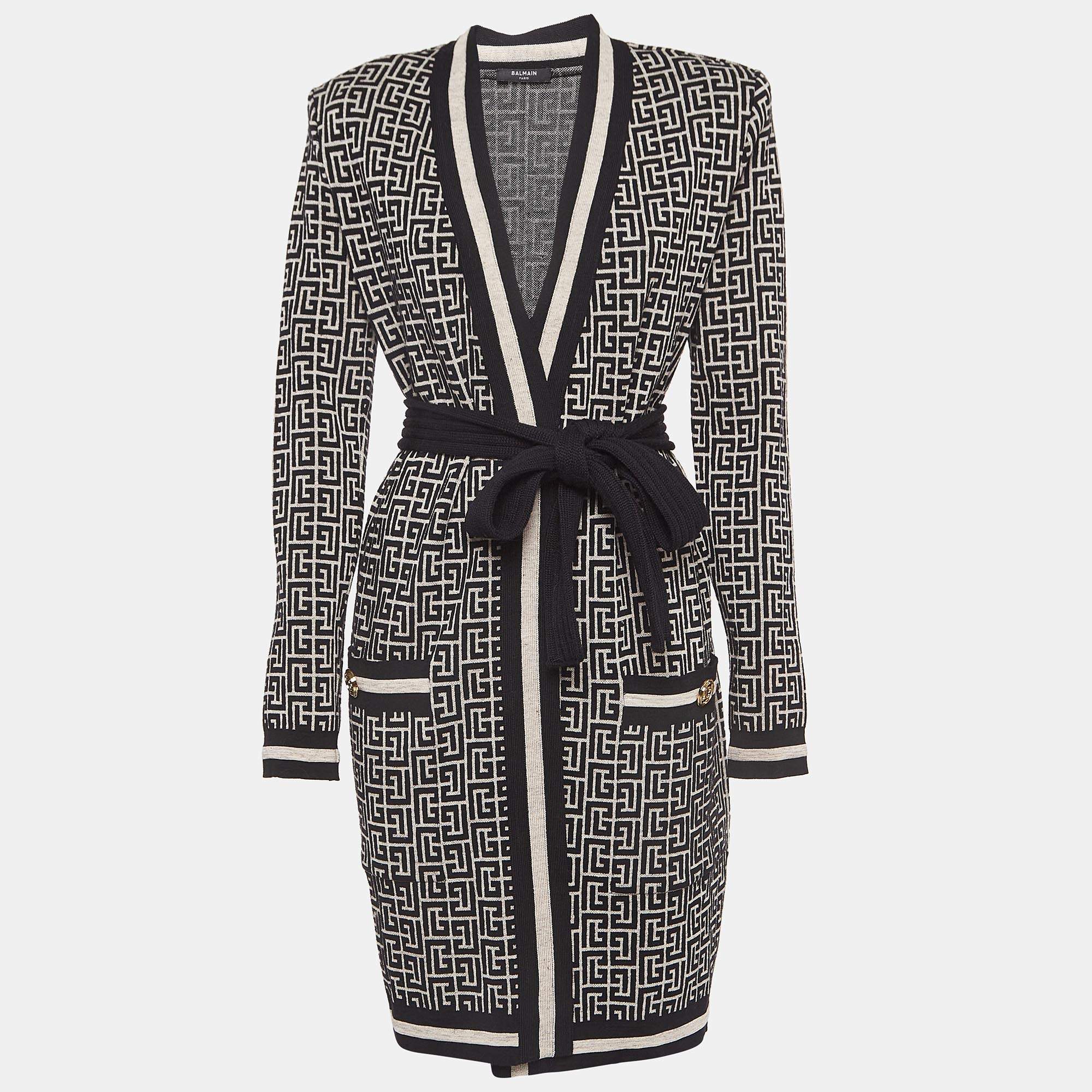 Pre Owned Balmain Black Monogram Jacquard Knit Belted Cardigan S