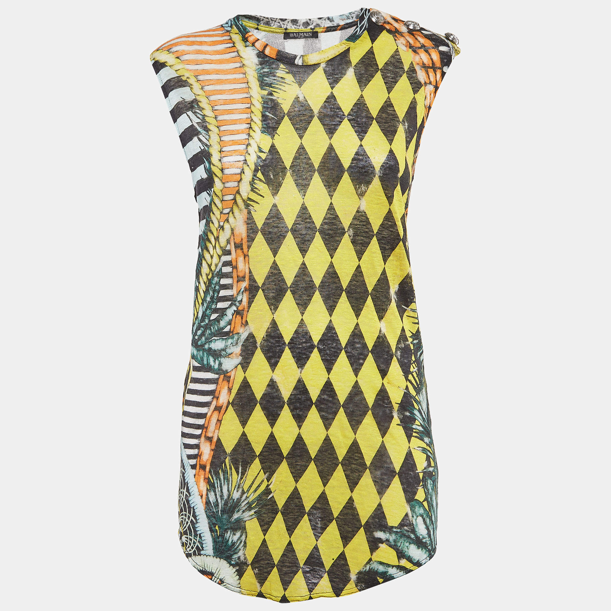Balmain Vintage Multicolor Printed Linen Knit Buttoned Detail Tank Top M   