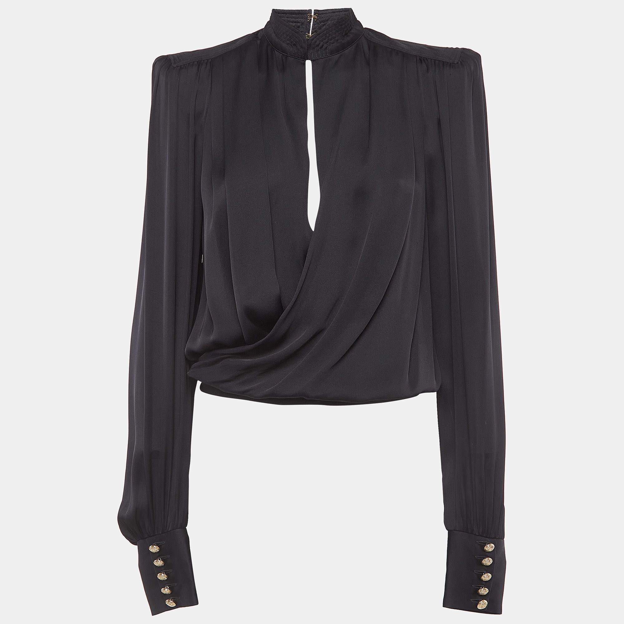 Pre Owned Balmain Black Satin Silk Deep Neck Draped Blouse S