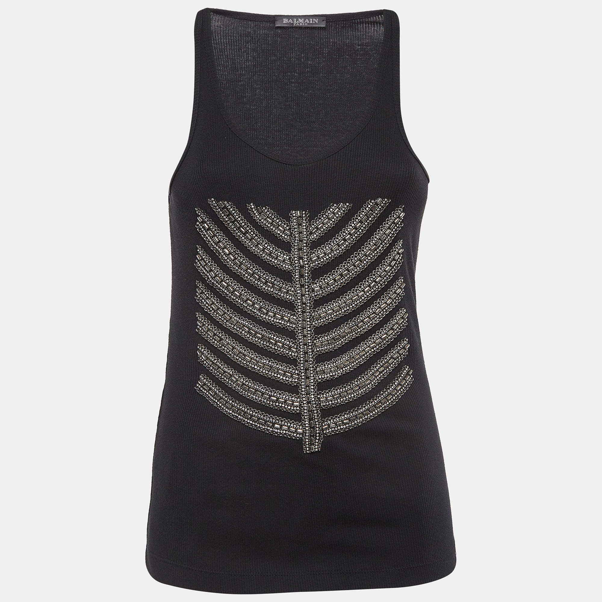 Pre Owned Balmain Black Cotton Knit Metallic Chain and Crystal Embellished Tank Top M
