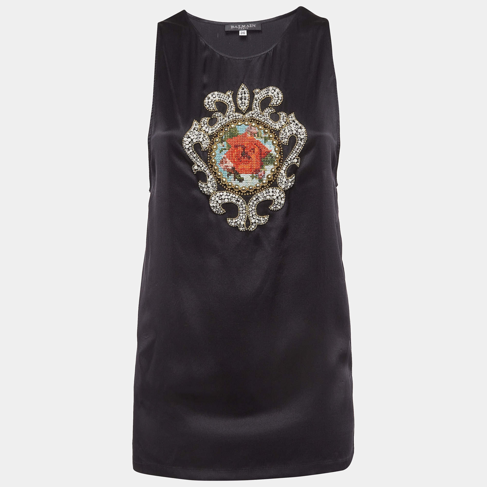Pre Owned Balmain Black Satin Silk Crystal Embellished Applique Tank Top S