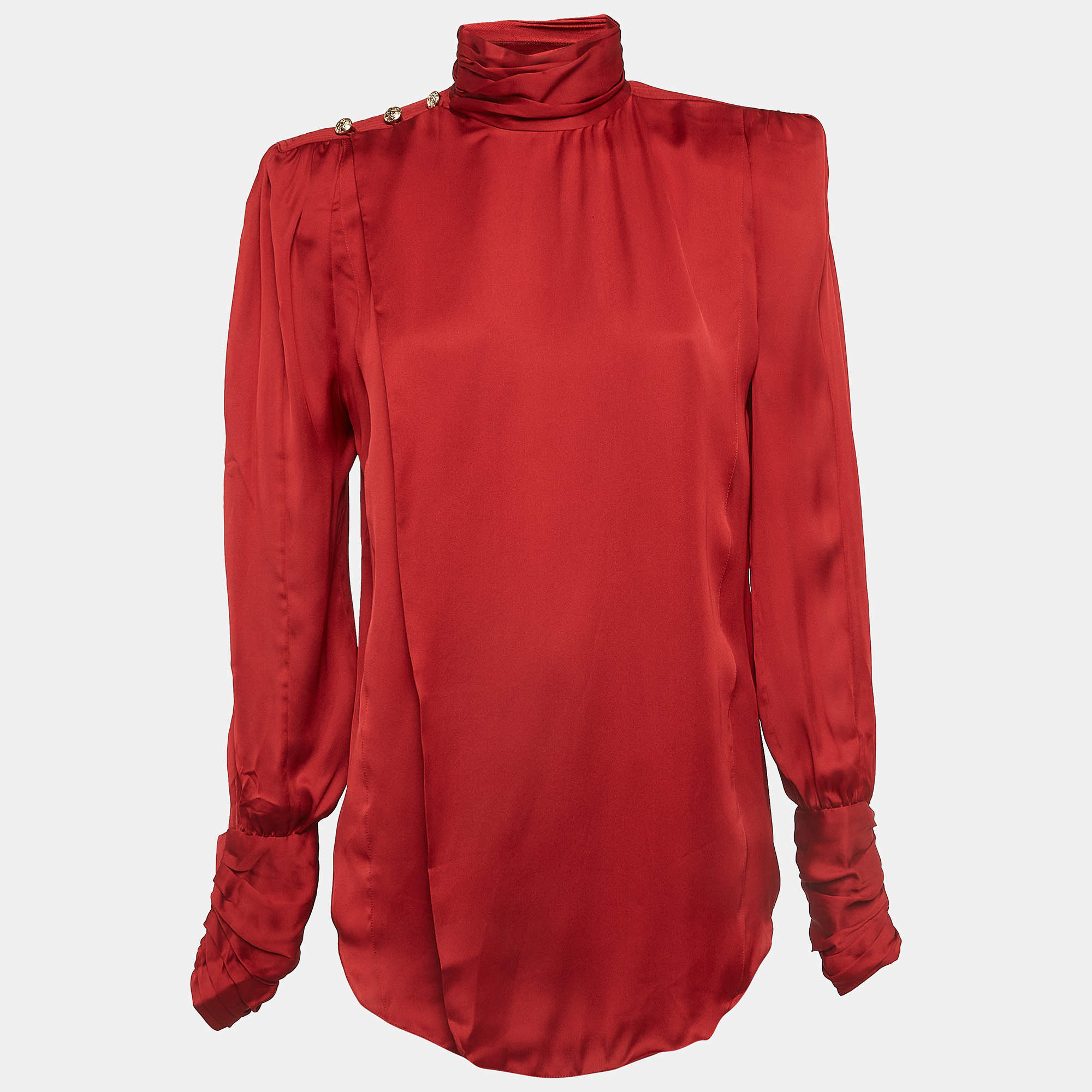 Balmain Red Silk Satin Button Embellished Cuffed sleeve Draped Blouse S
