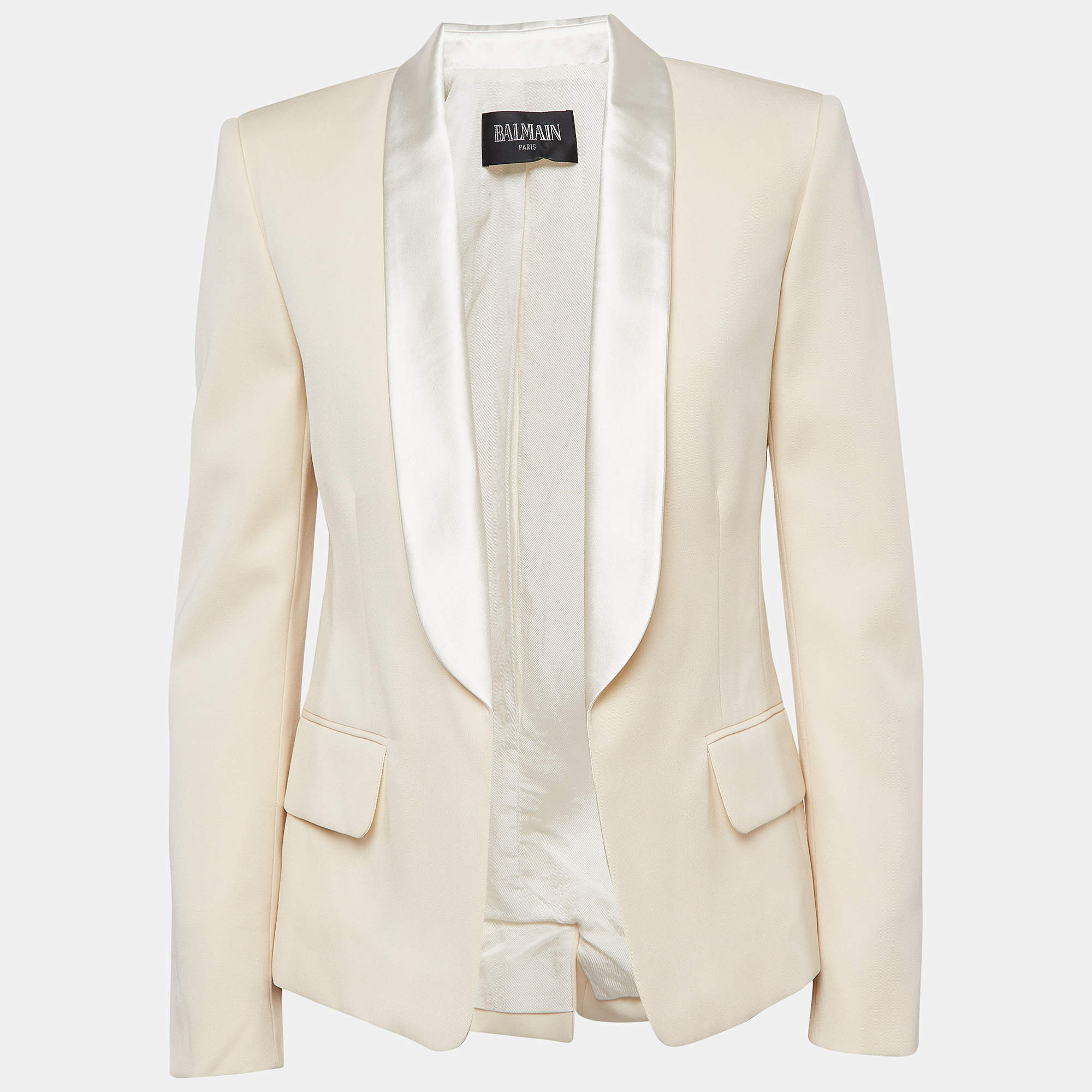 Pre Owned Balmain Cream Gabardine Satin Trim Shawl Collar Open Front Blazer M