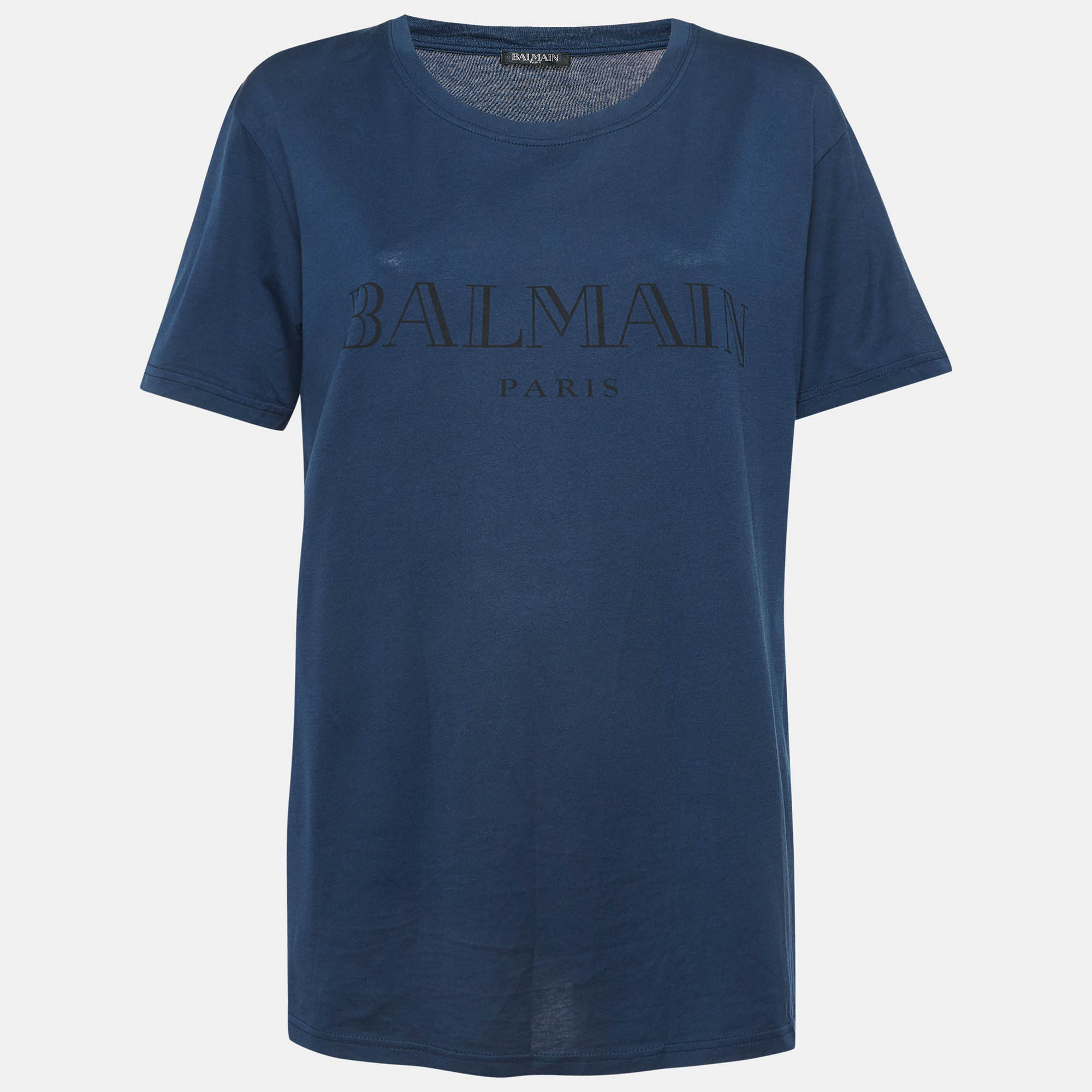 Pre Owned Balmain Navy Blue Logo Print Cotton Half Sleeve T-Shirt L