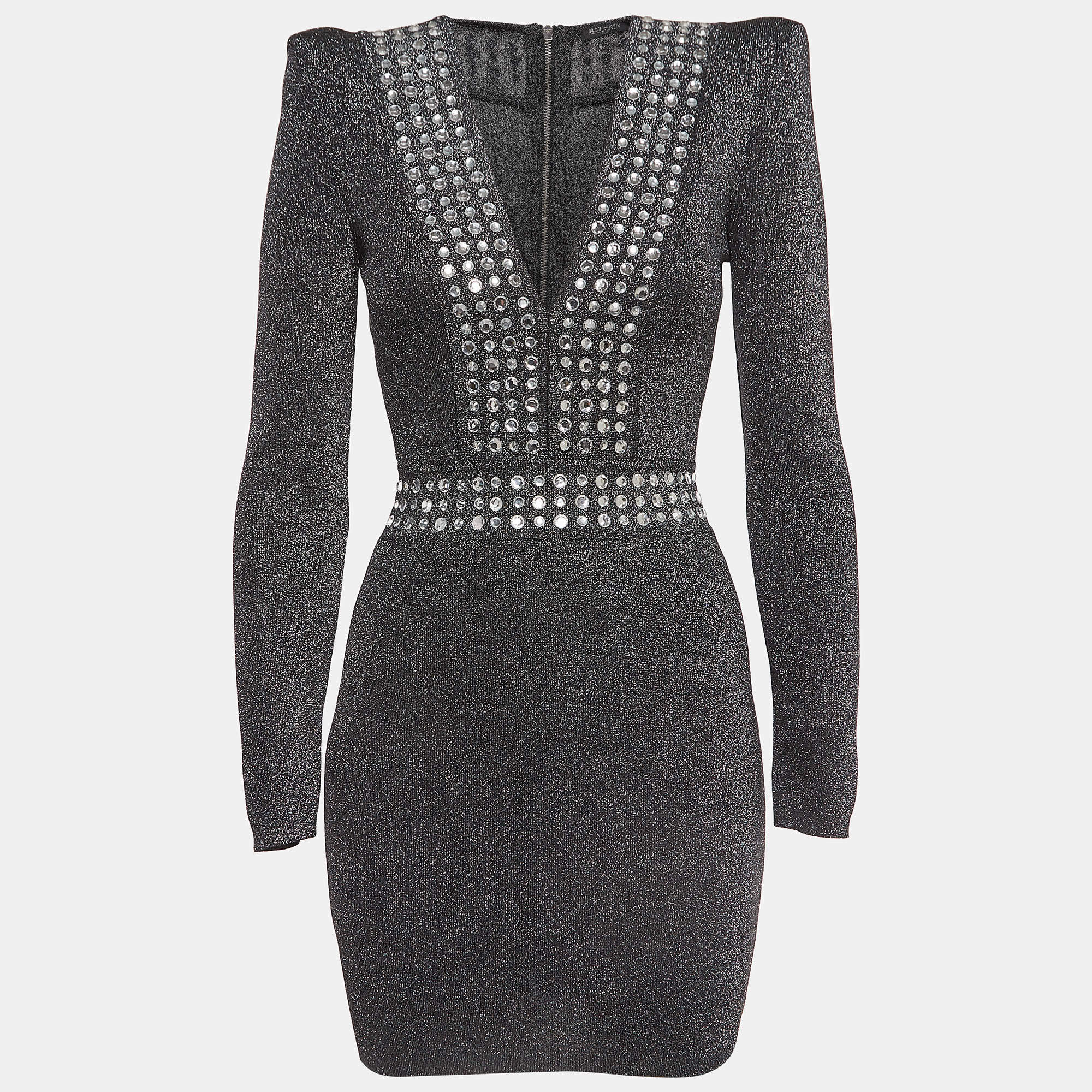 Pre Owned Balmain Metallic Lurex Knit Crystal Embellished Mini Dress S