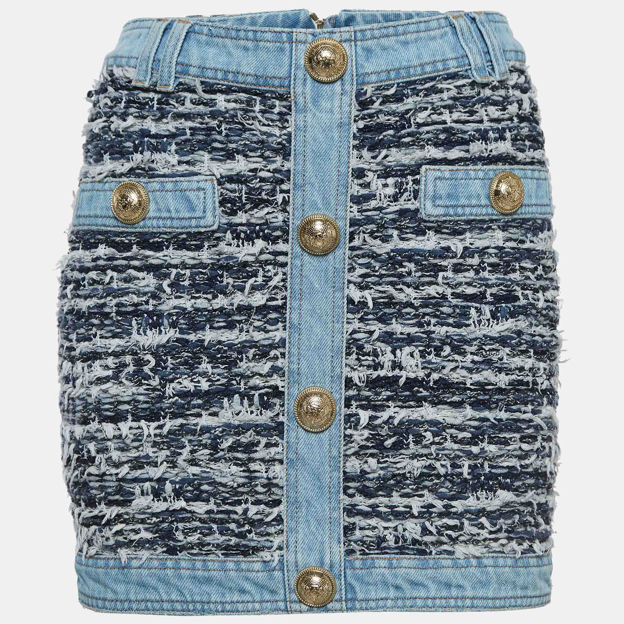 Pre Owned Balmain Blue Tweed Button Detailed Mini Skirt M