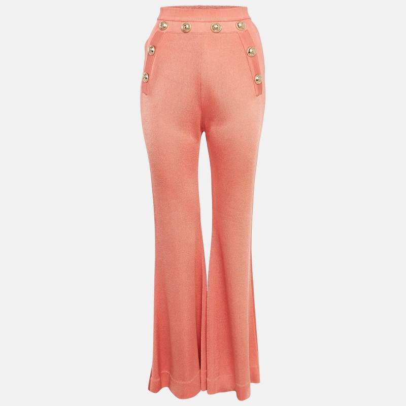 Pre Owned Balmain Orange Coral Knit Button Detailed Flared Trousers M
