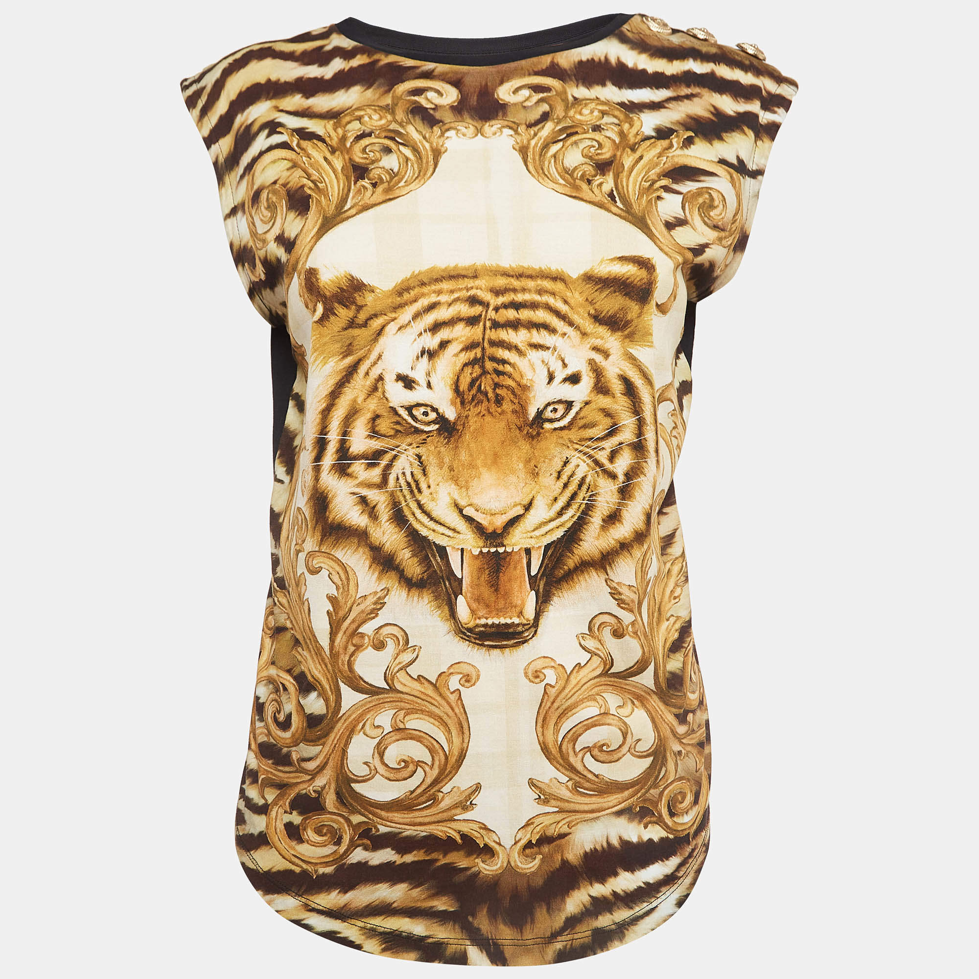 Pre Owned Balmain Black Tiger Print Cotton Button Detailed Sleeveless Tshirt M