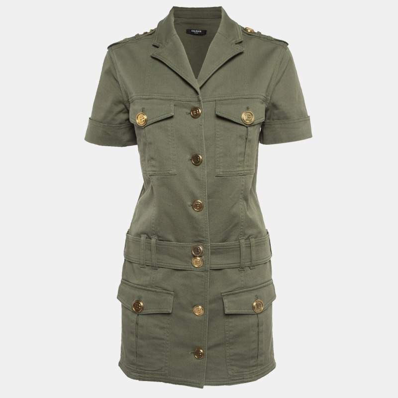 Pre Owned Balmain Military Green Gabardine Belted Shirt Dress S