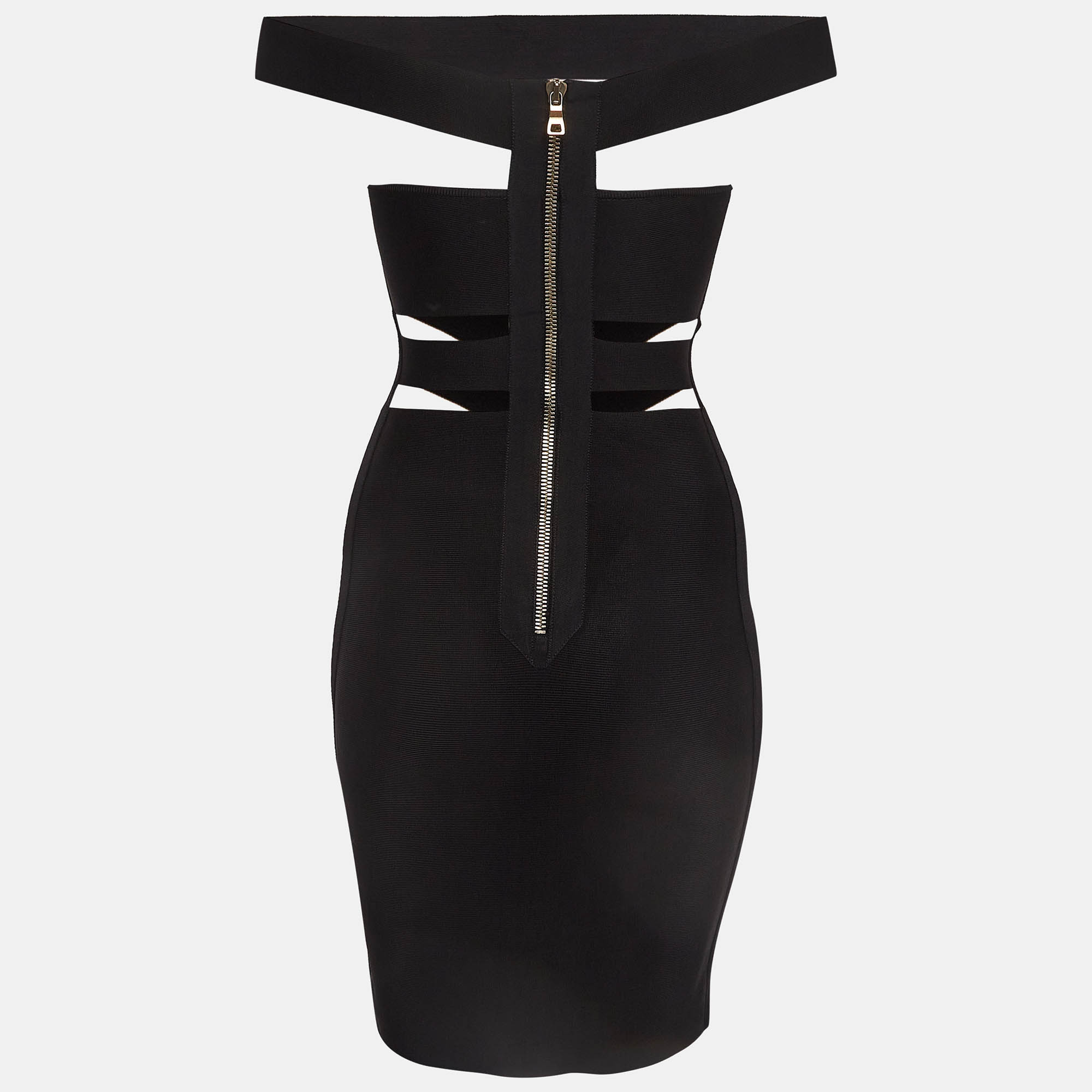 Balmain Black Stretch Knit Cut Out Bodycon Mini Dress S