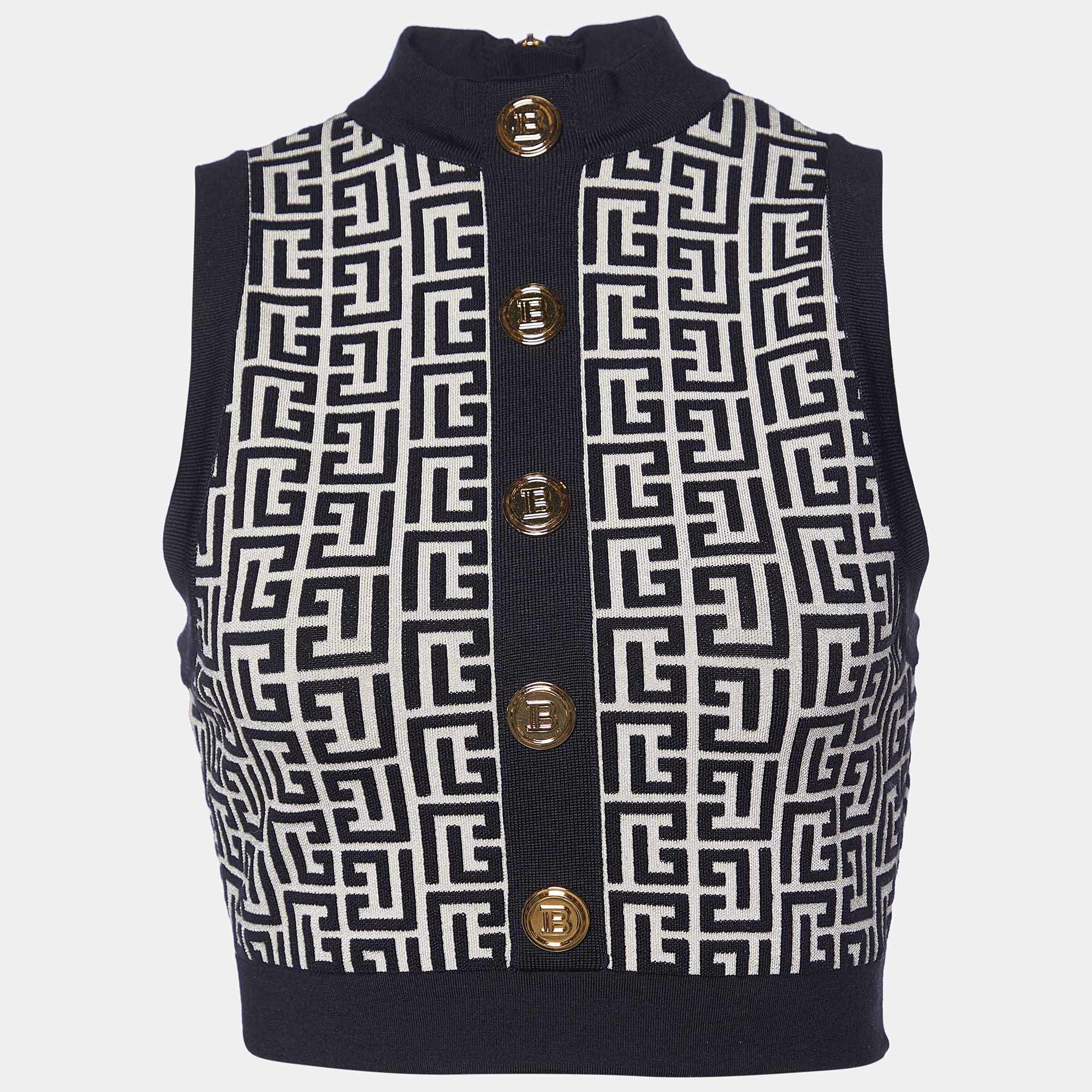 Pre Owned Balmain Black Monogram Wool Knit Crop Top S