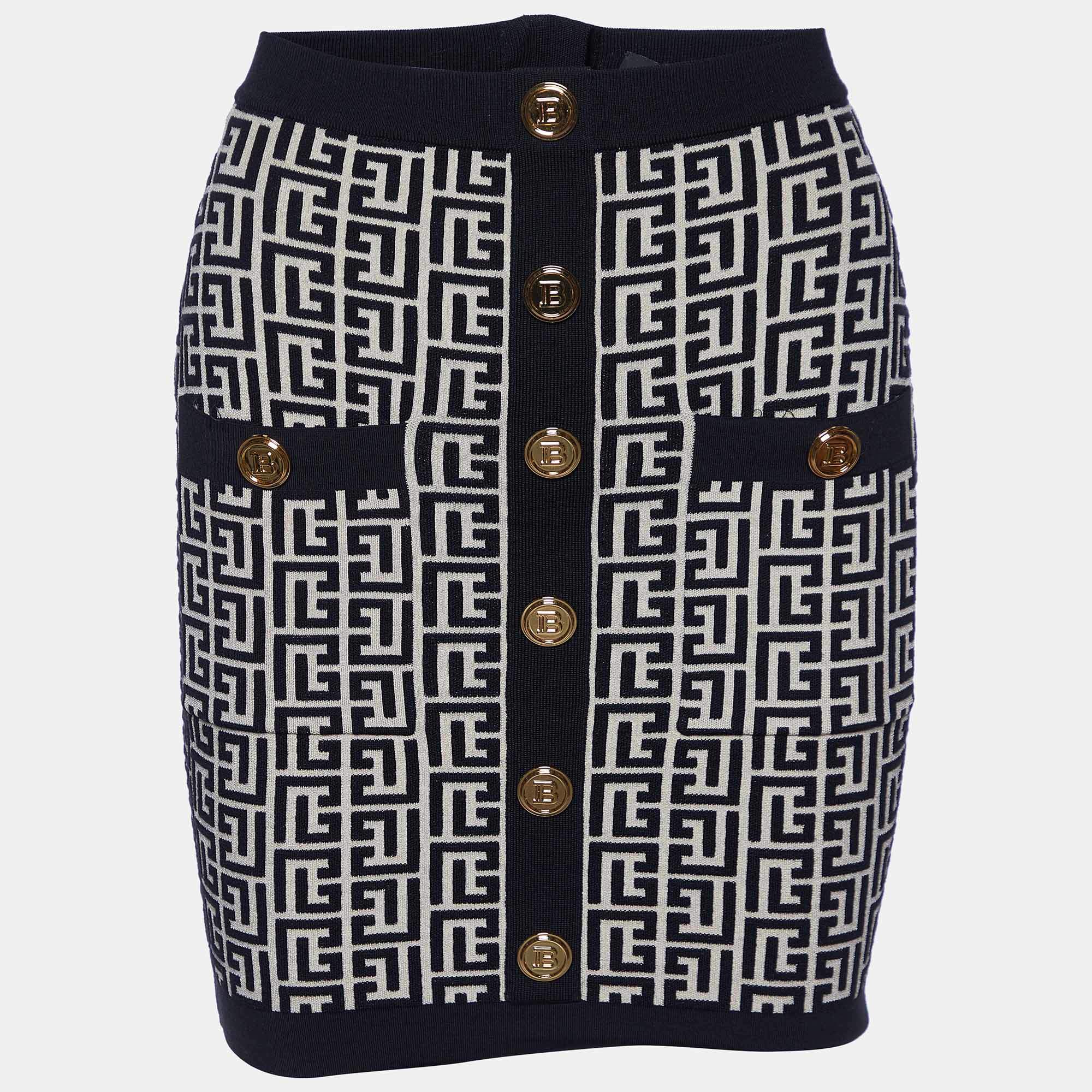 Pre Owned Balmain Black Monogram Wool Knit Mini Skirt S