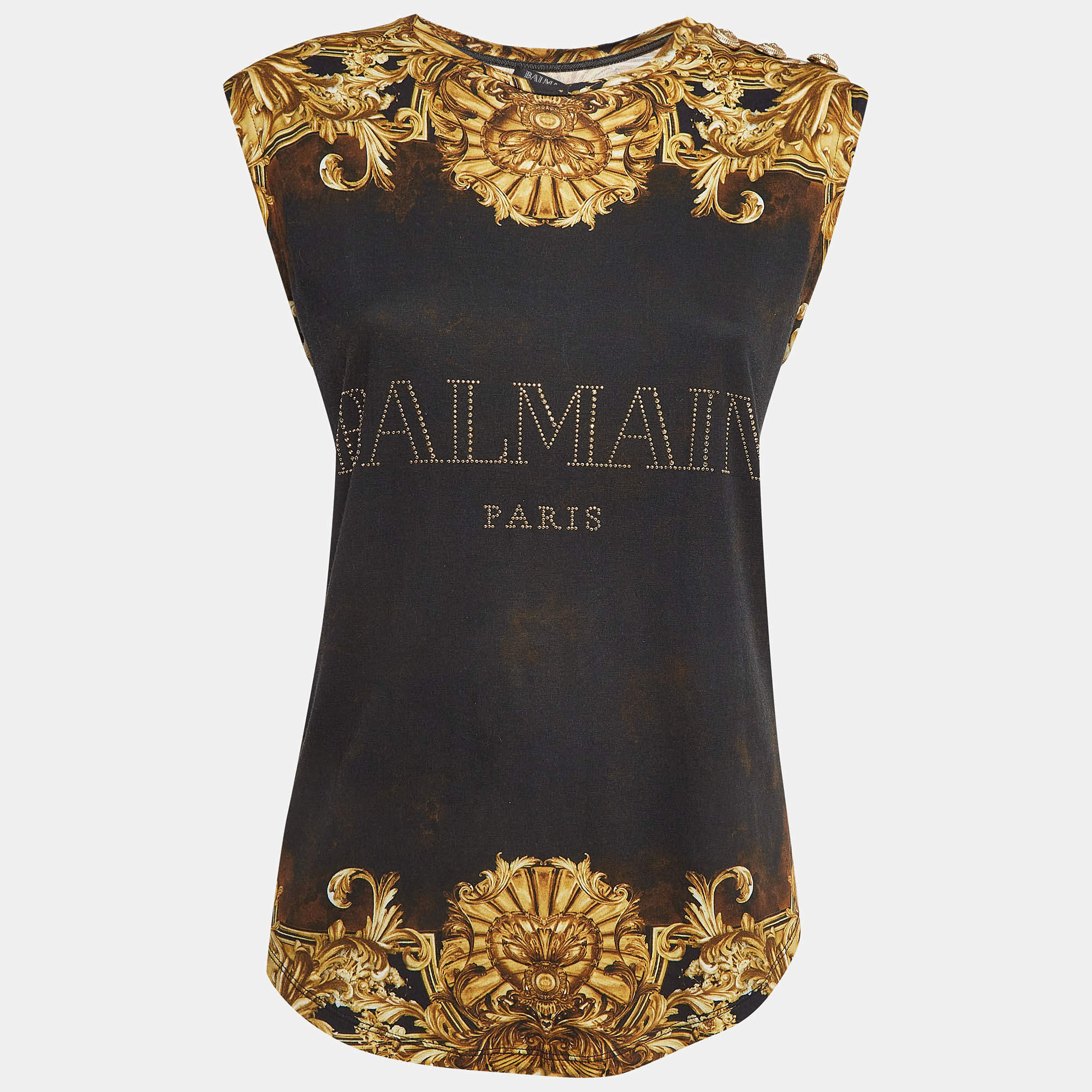 Balmain Black/Yellow Printed Jersey Sleeveless T-Shirt M