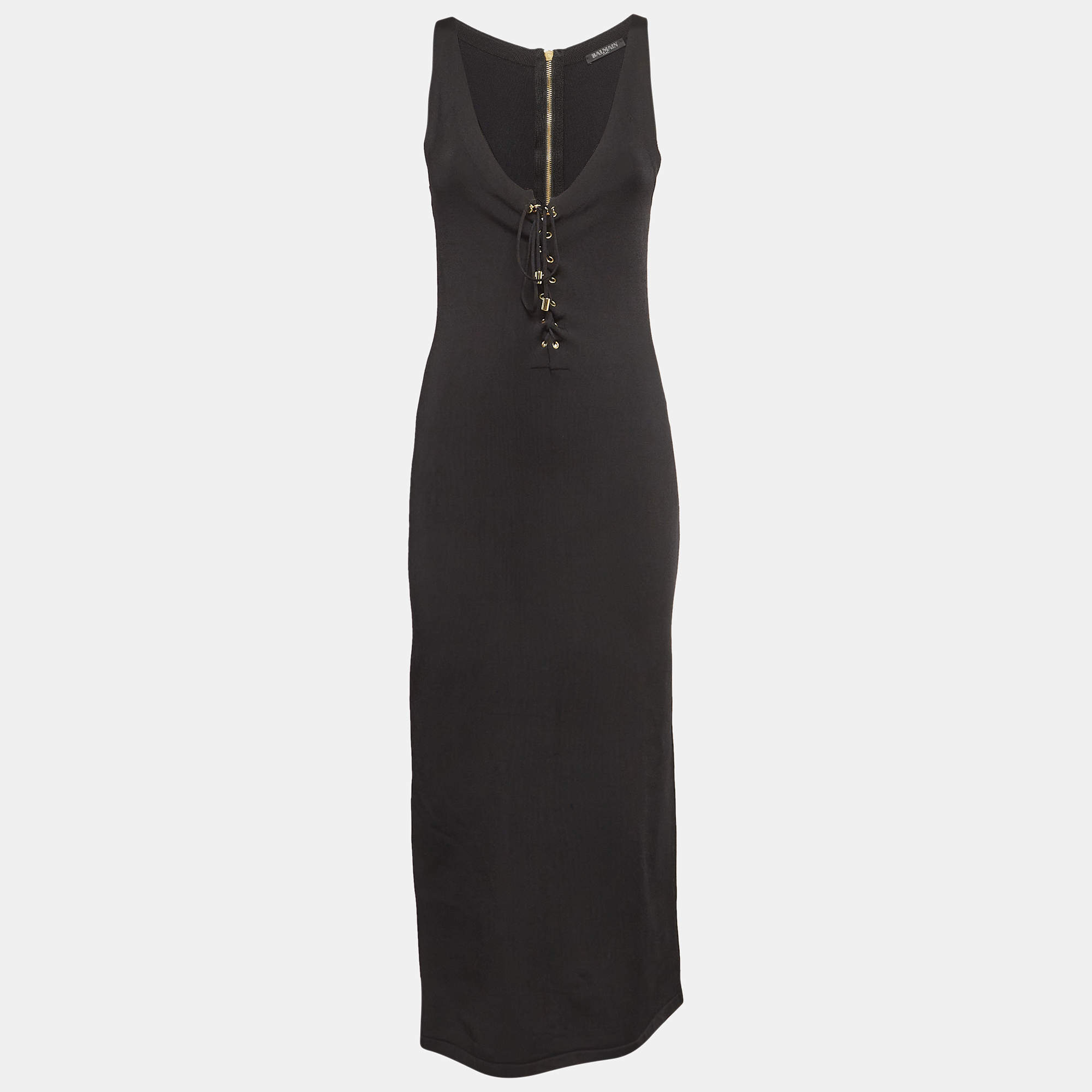 Pre Owned Balmain Black Stretch Knit Lace-up Midi Dress M