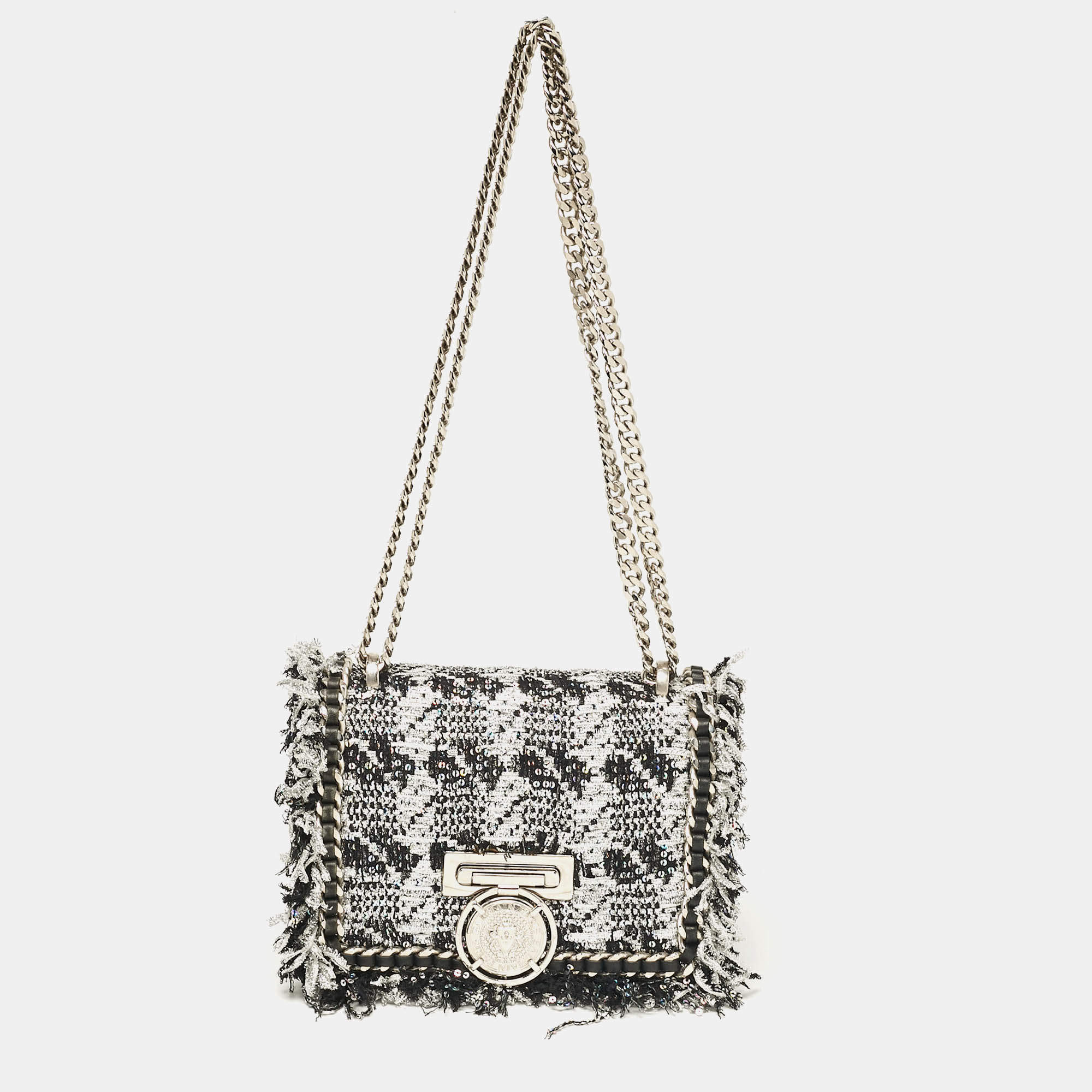 Balmain Silver/Black Tweed and Sequins Box Shoulder Bag
