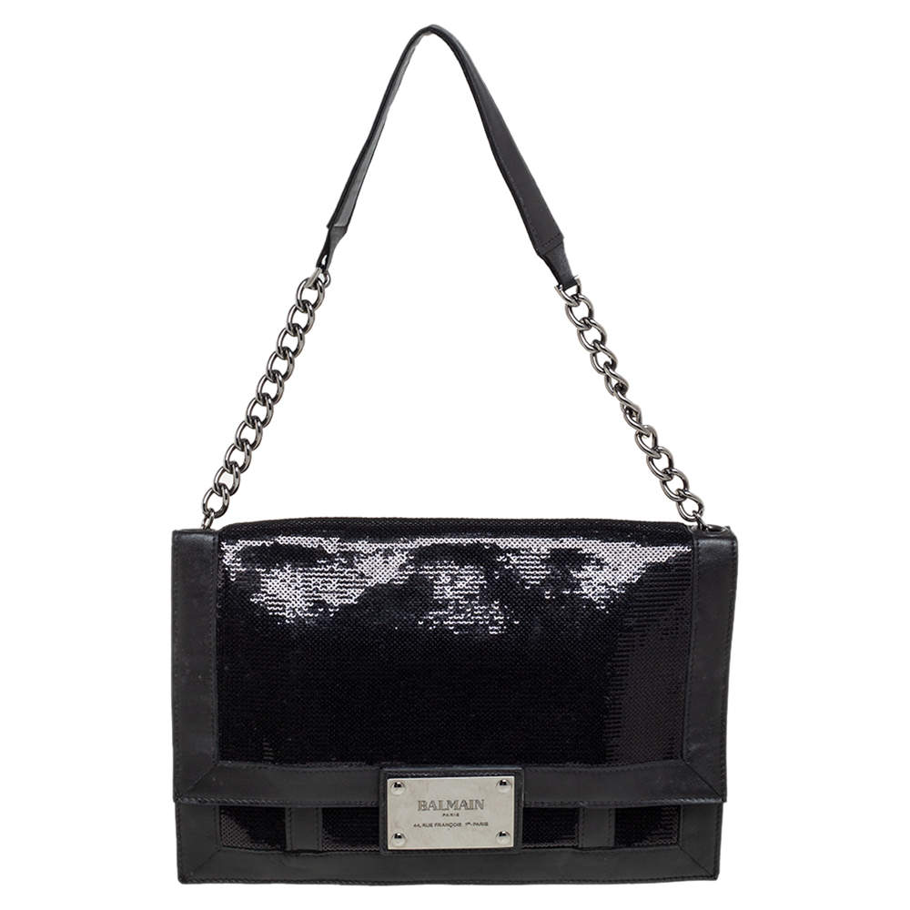 Balmain Black Leather and Sequin Flap Shoulder Bag