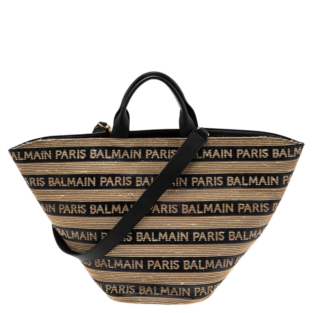 Pre Owned Balmain Multicolor Logo Woven Raffia Basket Bag