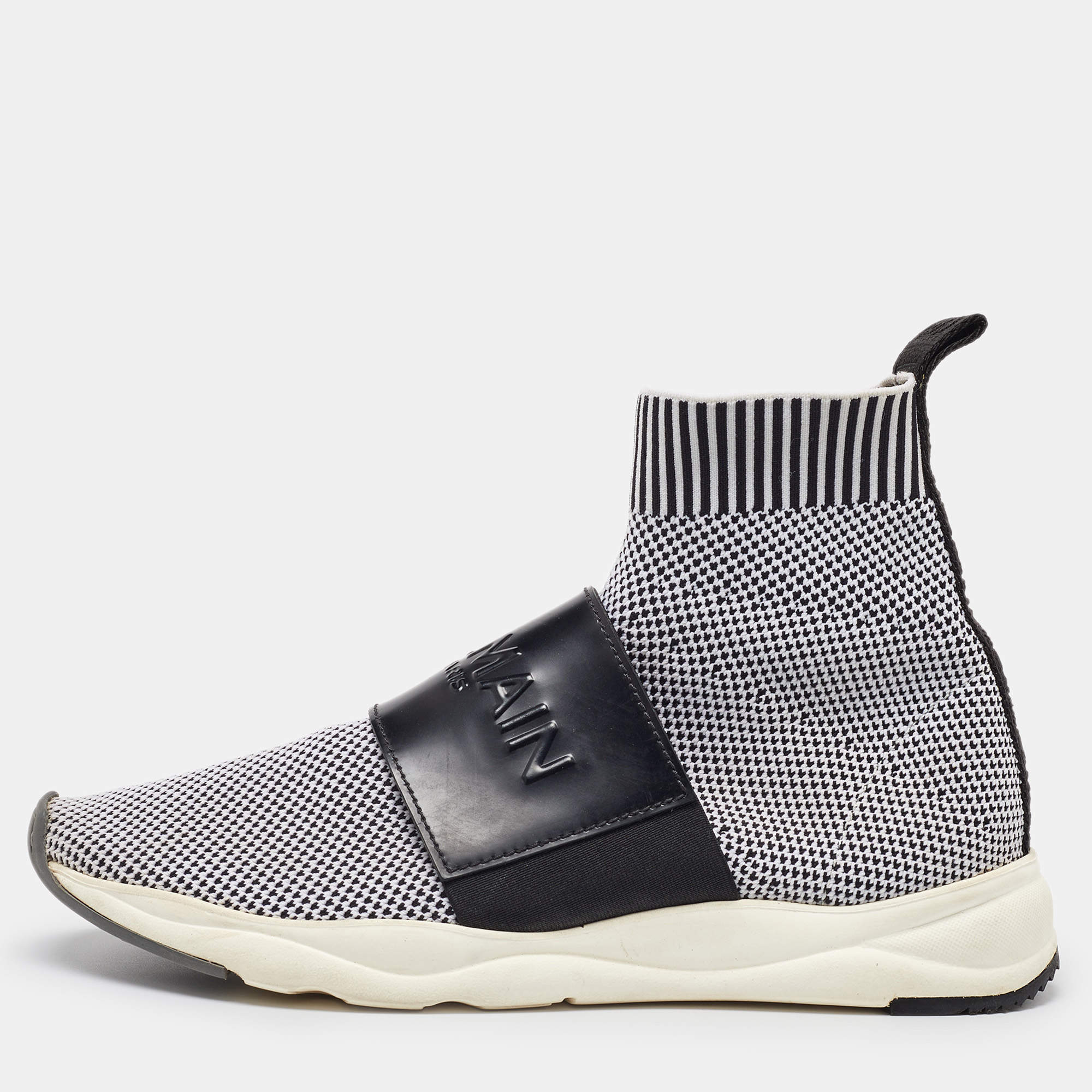 Balmain Black/White Knit Fabric and Leather Cameron Sock Sneakers Size 40