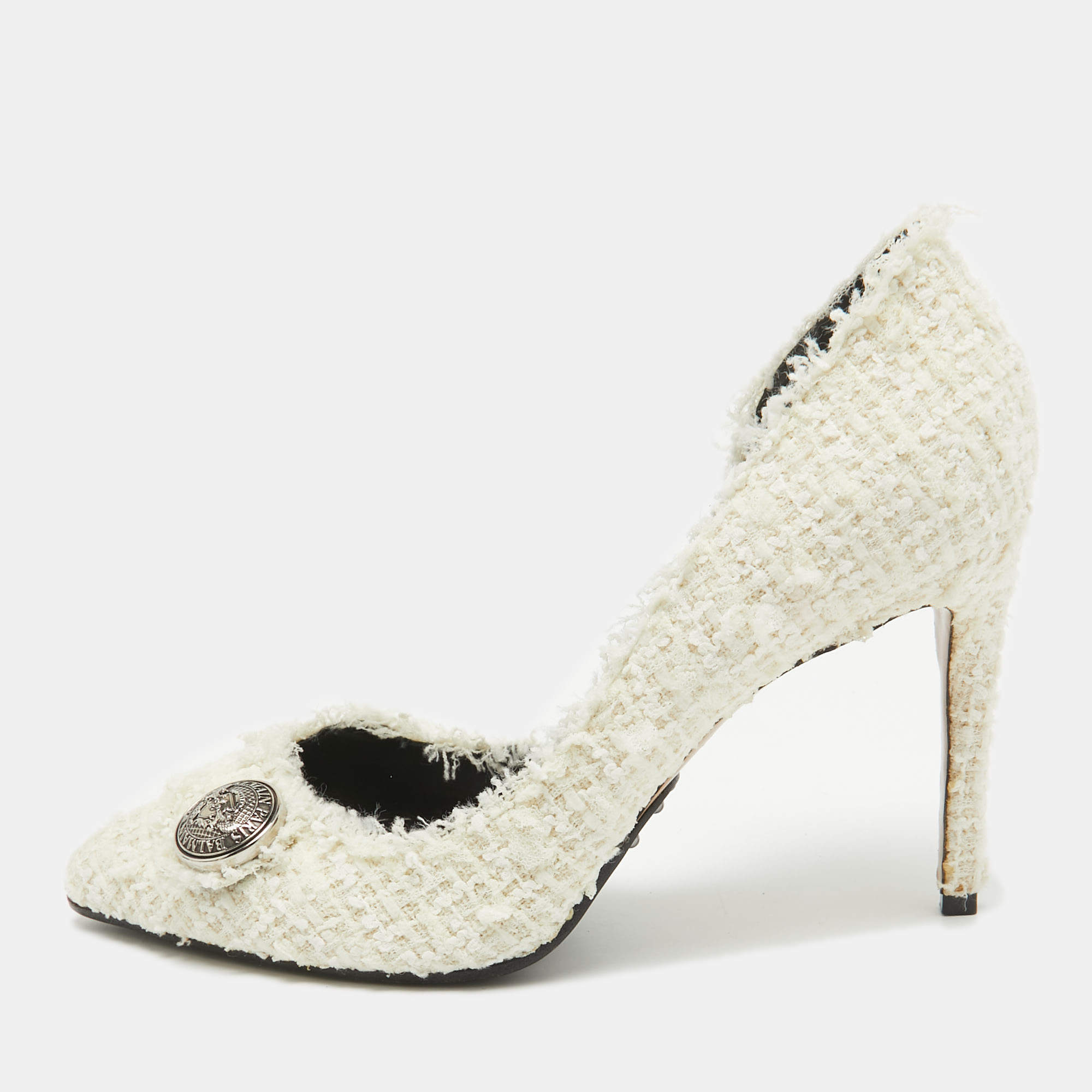 Balmain White Tweed D'orsay Pointed Toe Pumps Size 38