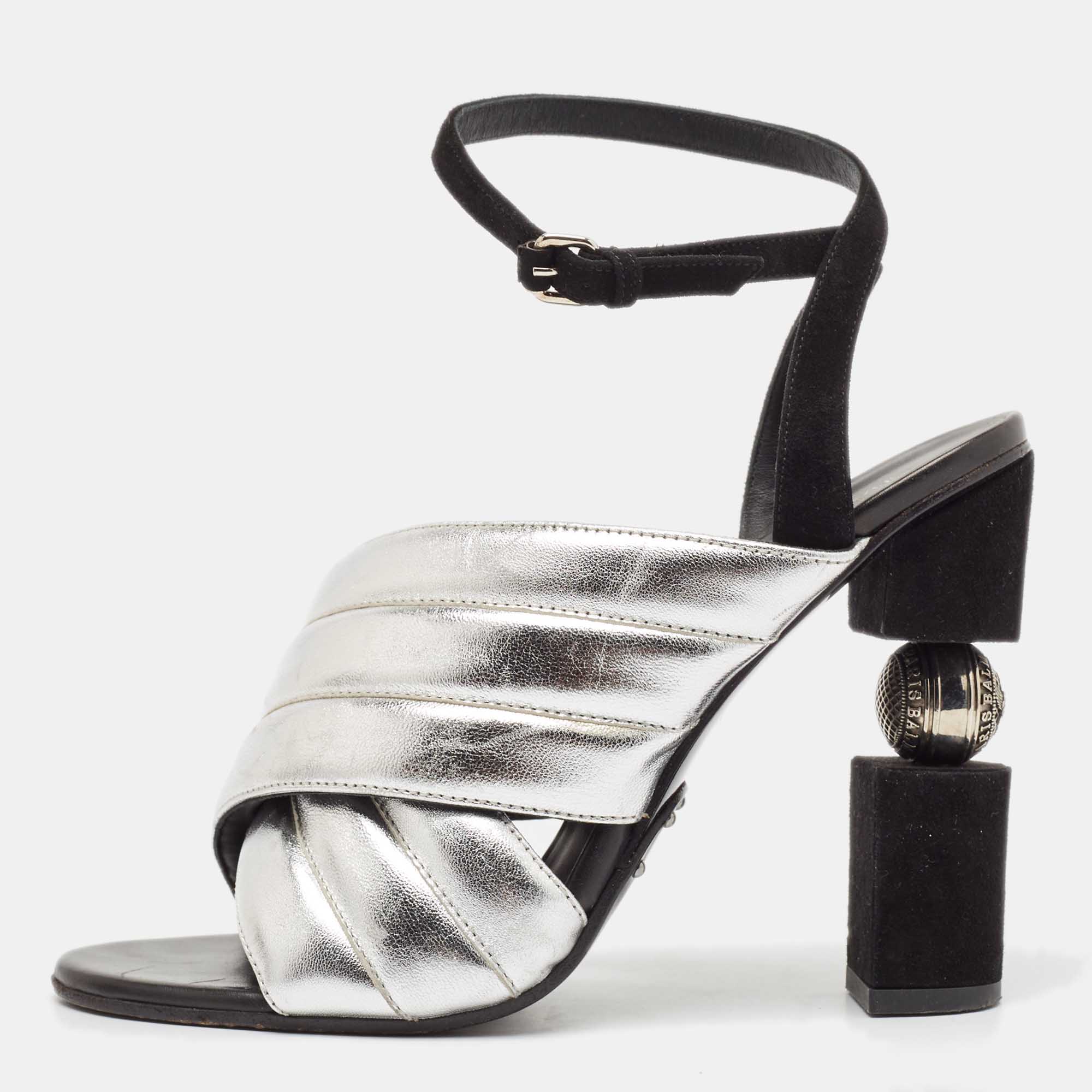 Pre Owned Balmain Silver Leather Cross Strap Slingback Mules Size 40