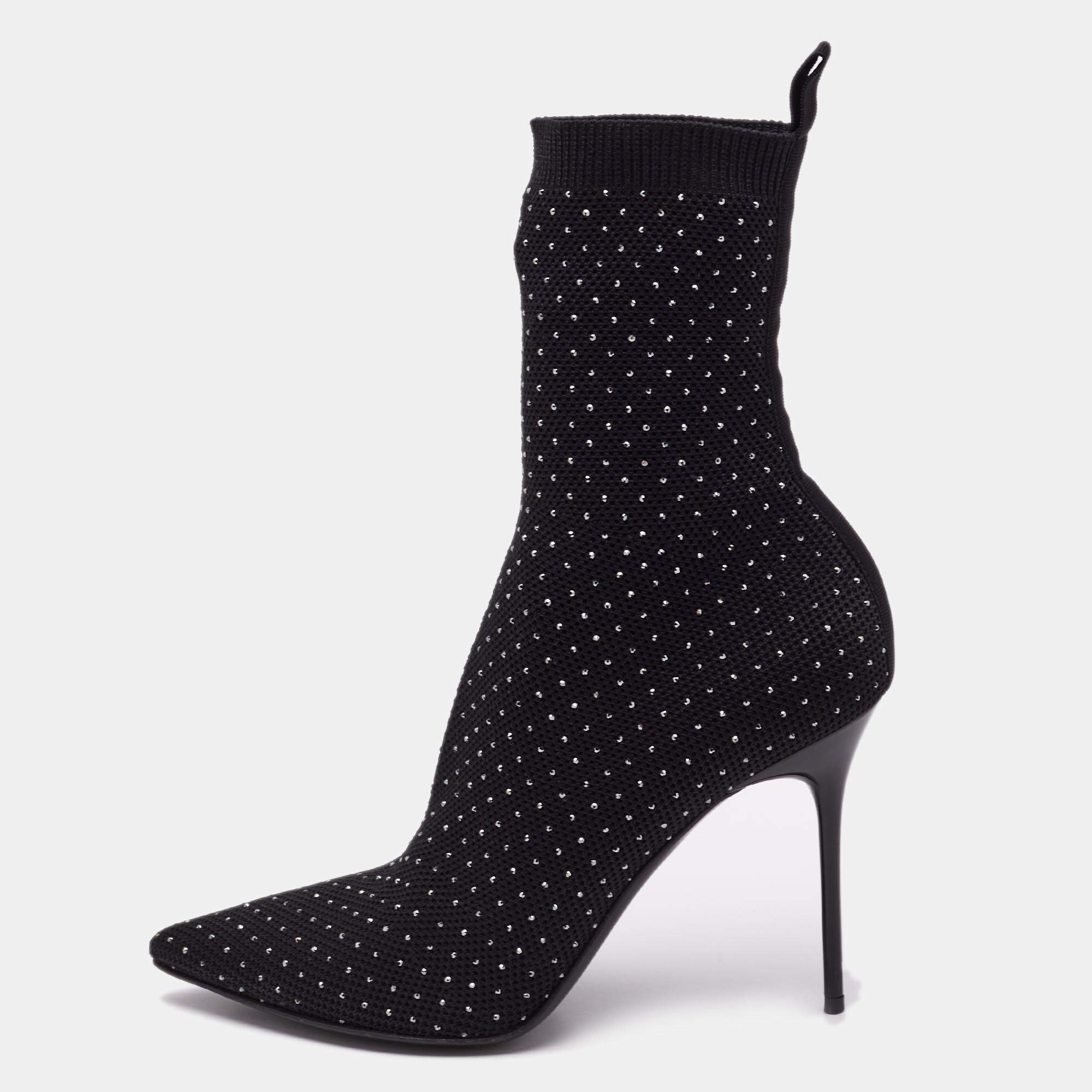 Balmain Black Knit Fabric Crystal Embellished Skye Ankle Length Boots Size 40