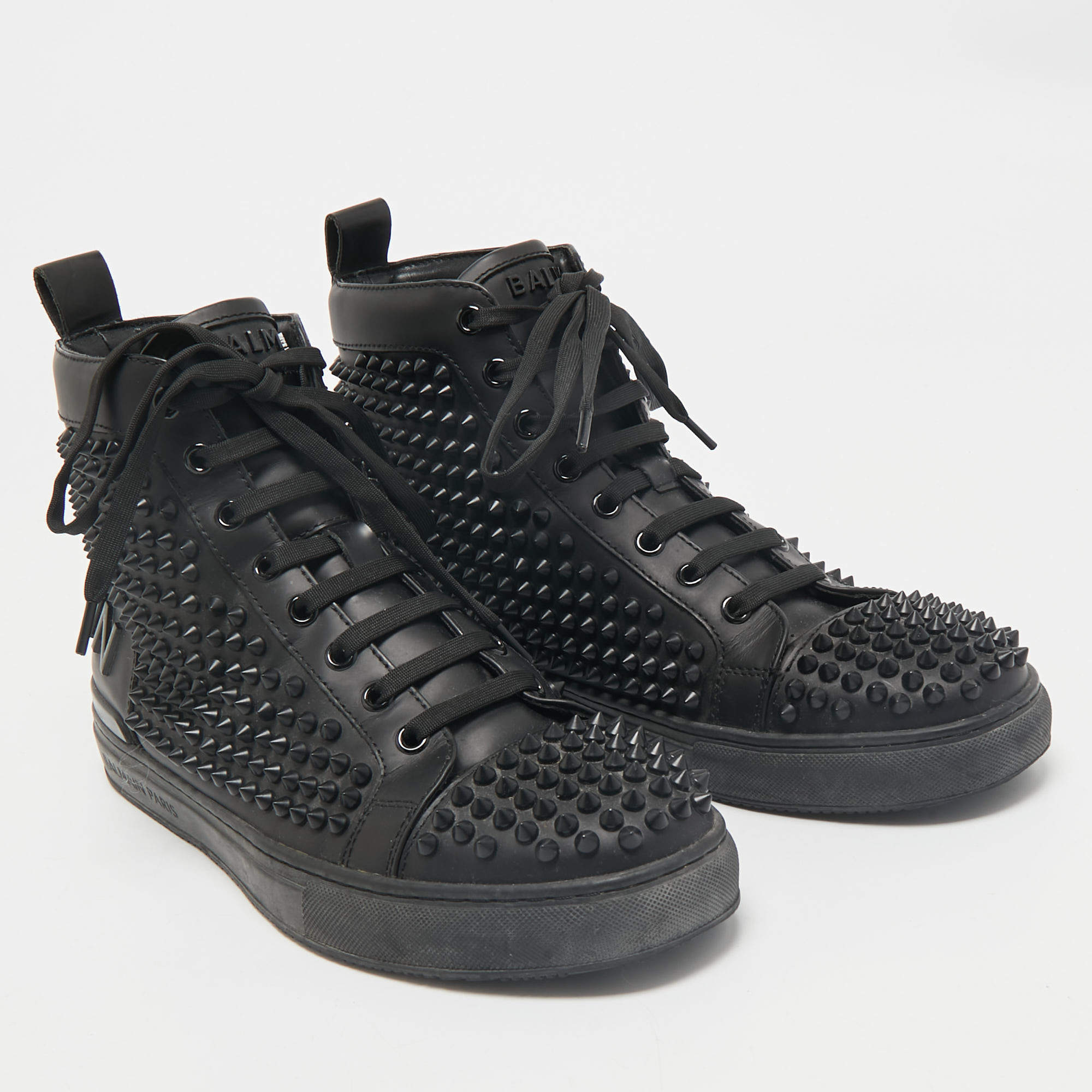 Balmain Black Leather Studded High Top Sneakers Size 40
