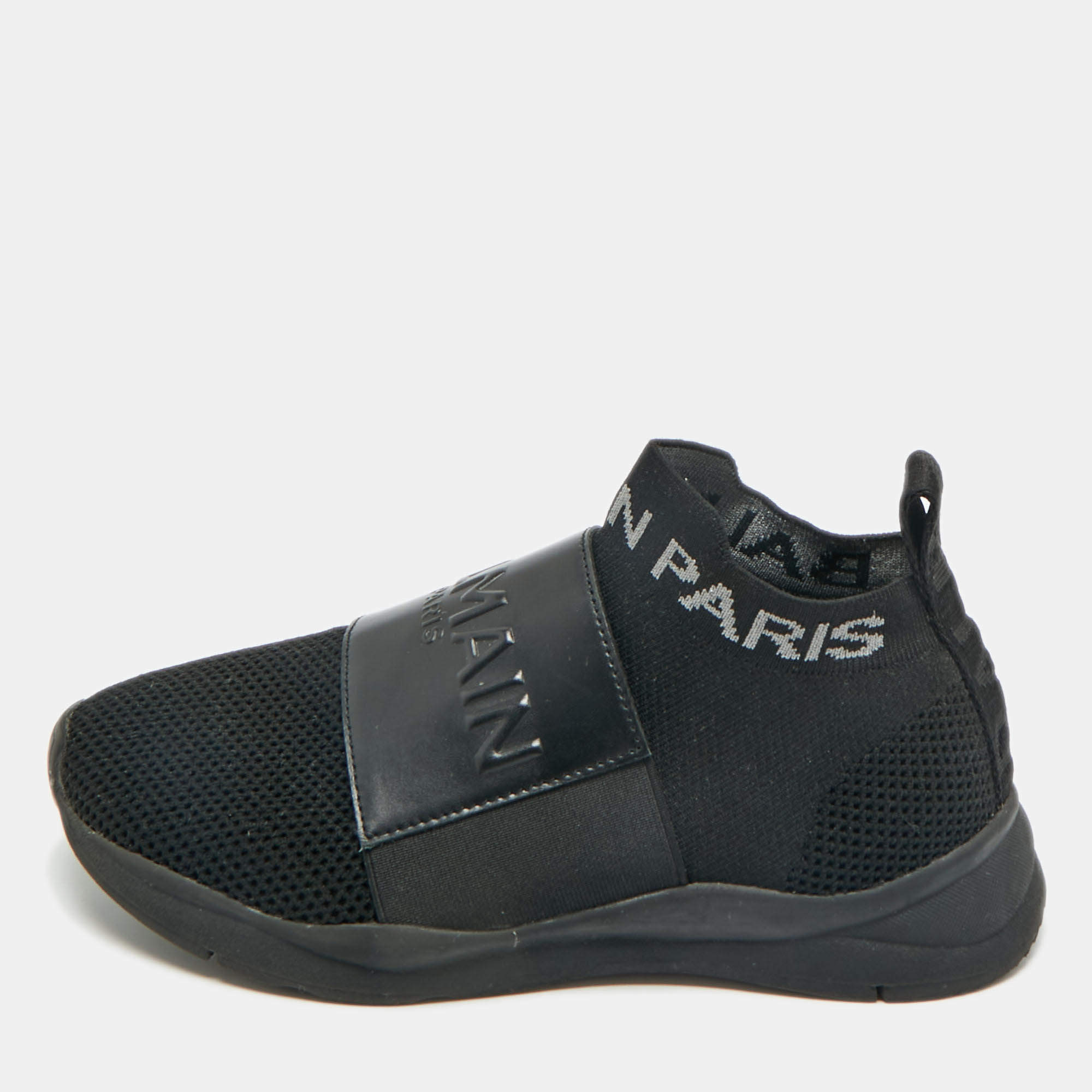 Pre Owned Balmain Black Knit Fabric and Leather Cameron Sock High Top Sneakers Size 37