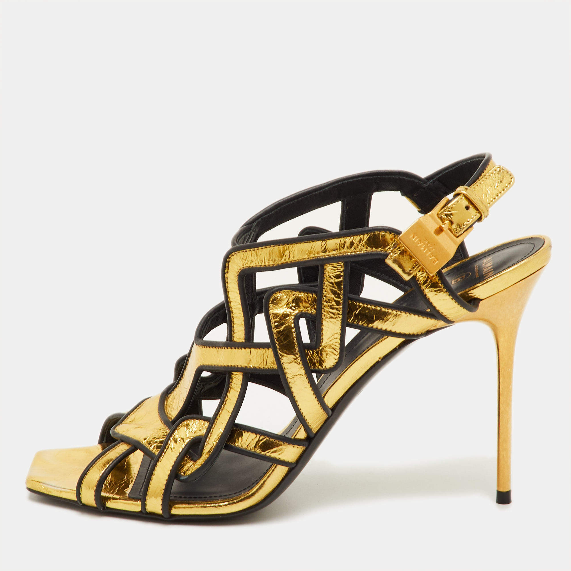 مملوكة مسبقًا Balmain Urania Size 40 Gold/Black Crinkle Leather Caged Ankle Strap Sandals