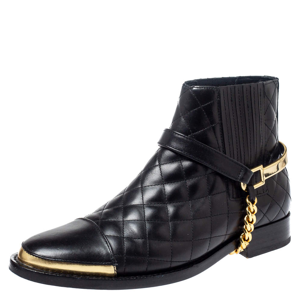 Balmain Black Quilted Leather Chain Details Boots Size 37.5
