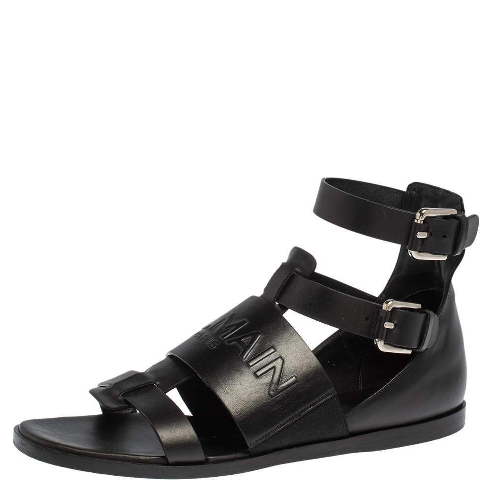 Pre Owned Balmain Black Leather Chris Embossed Logo Flat Sandals Size 41