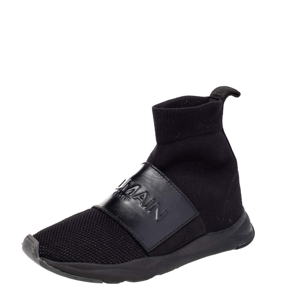 Balmain Black Leather And Knit Fabric Cameron Top Sneakers Size 35 Balmain |