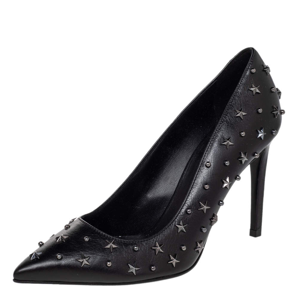 Pre Owned Balmain Black Leather Star Embellishment Pumps Size 37