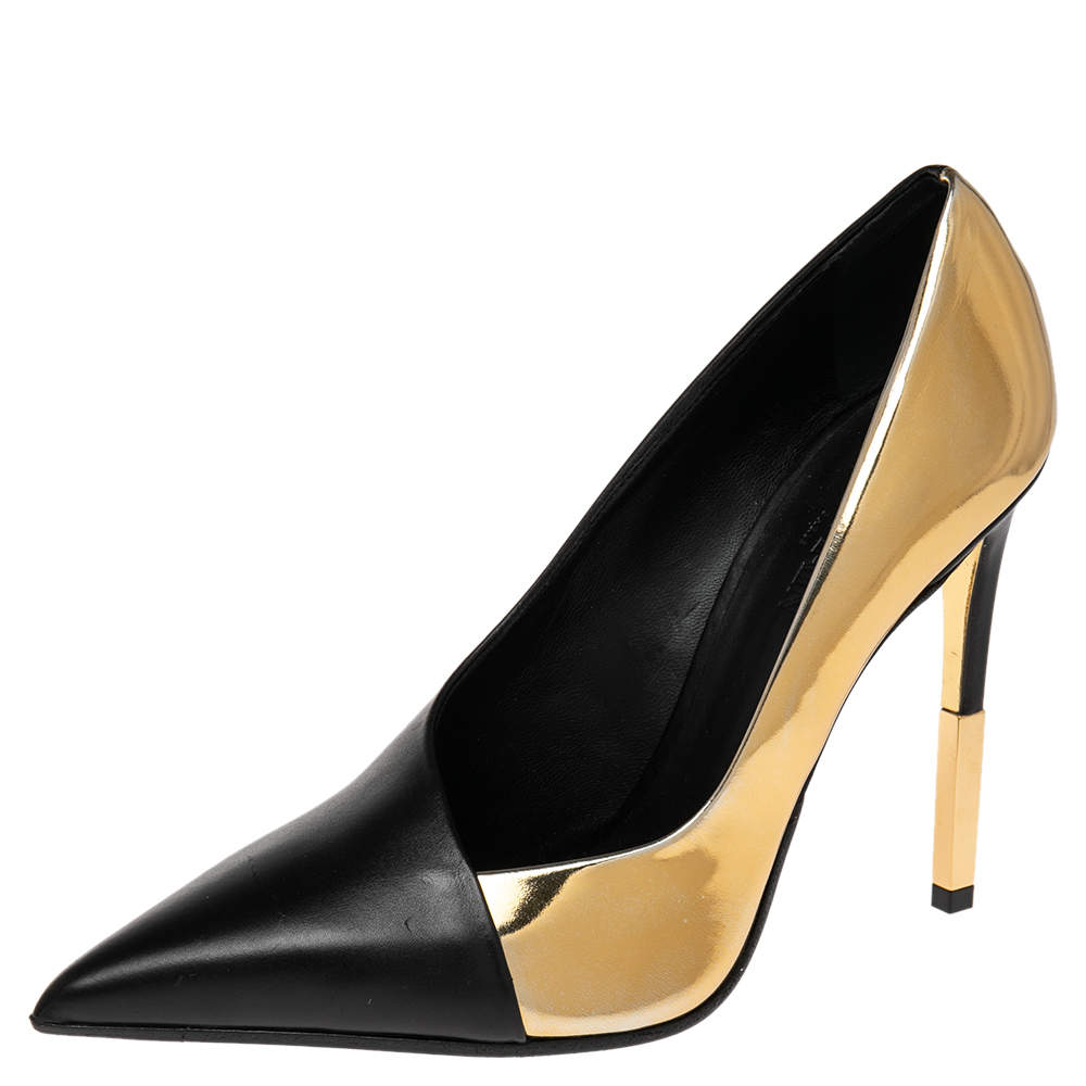 Balmain Black/Gold Leather Pointed Toe Pumps Size 39 Balmain | The ...