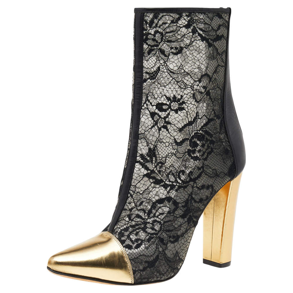 Pre Owned Balmain Black/Gold Leather And Lace Cap Toe Ankle Length Boots Size 41
