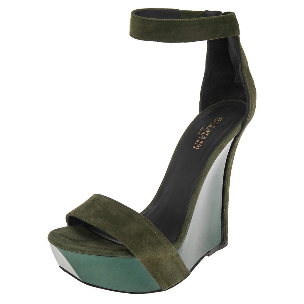Balmain Green Suede Platform Ankle Strap Sandals Size 37