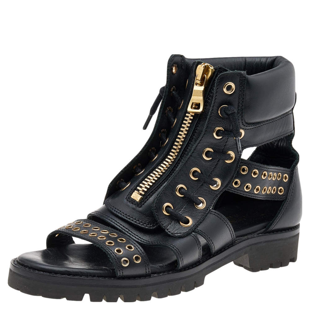 Pre Owned Balmain Black Leather Embellished Flat Sandals Size 37