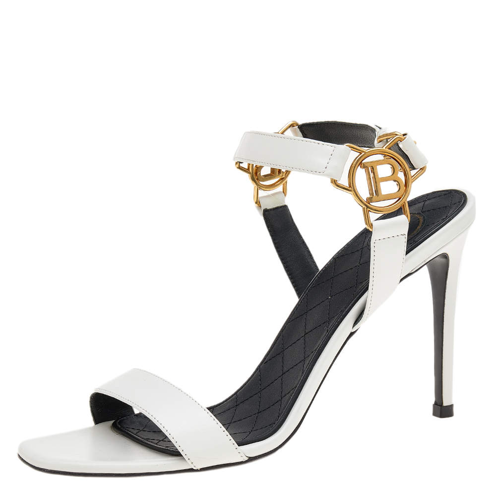 Pre Owned Balmain White Leather Pernille Logo Ankle Strap Sandals Size 37