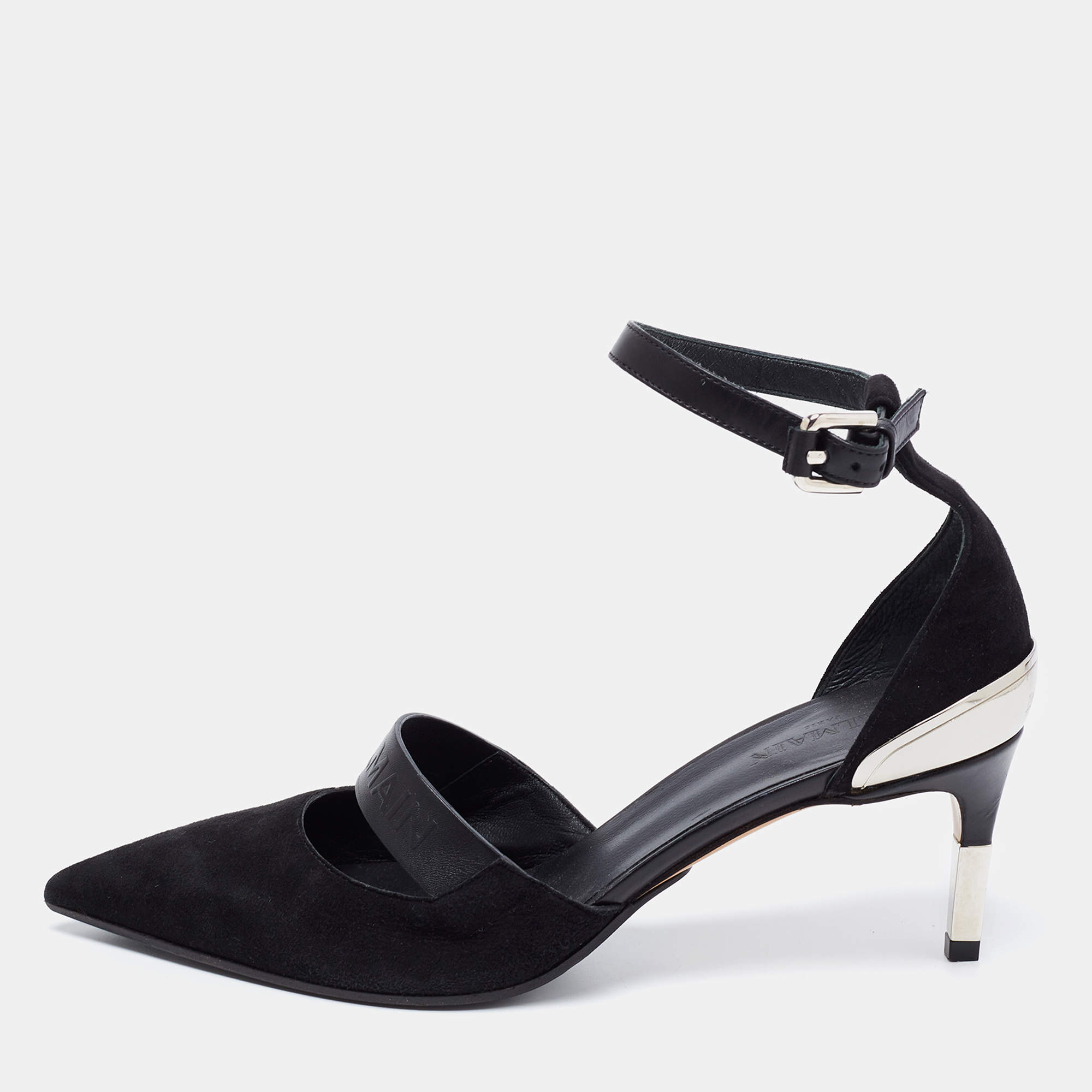 Pre Owned Balmain Black Suede and Logo Embossed Leather Ankle-Strap Pumps Size 36
