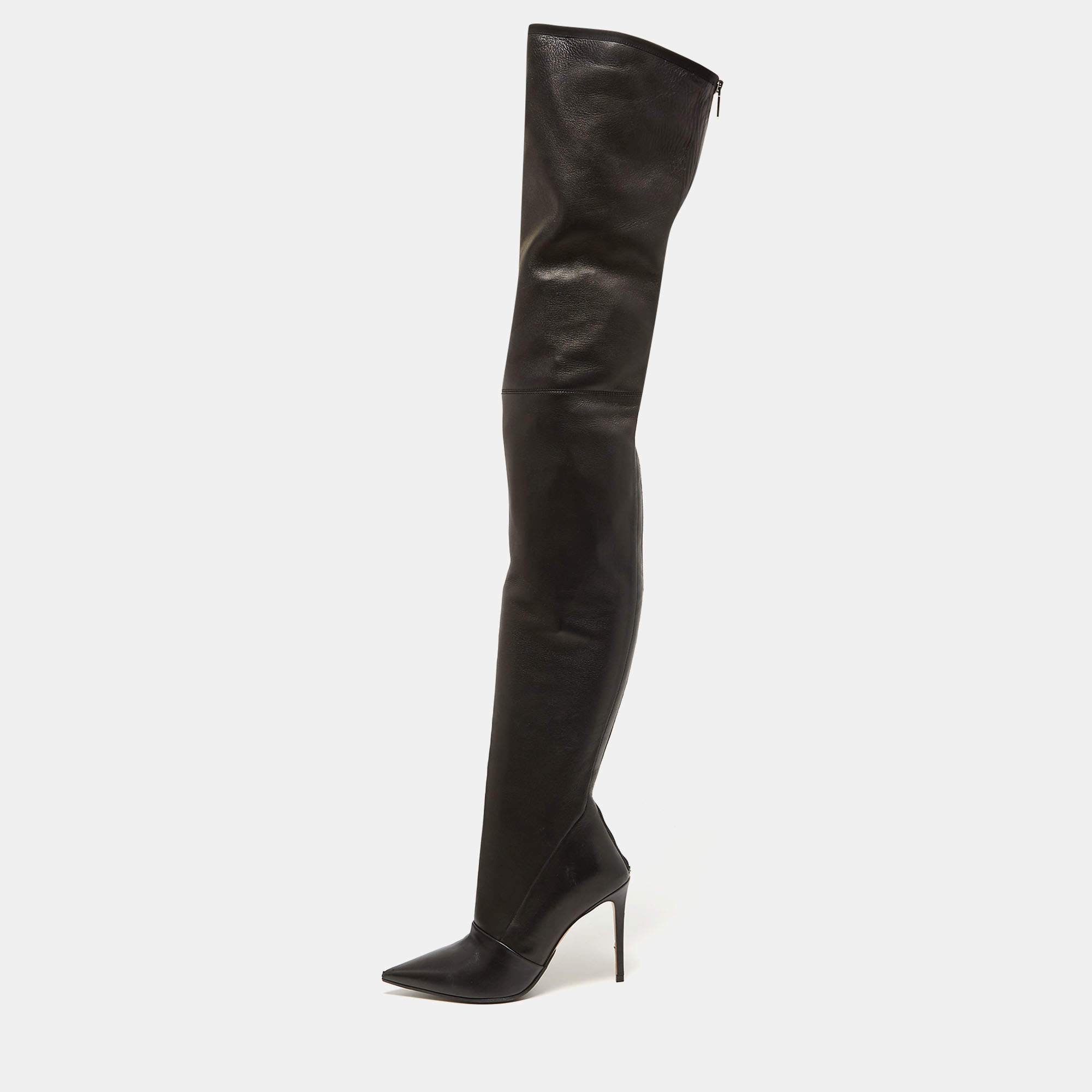 Pre Owned Balmain Black Leather Knee Length Boots Size 38
