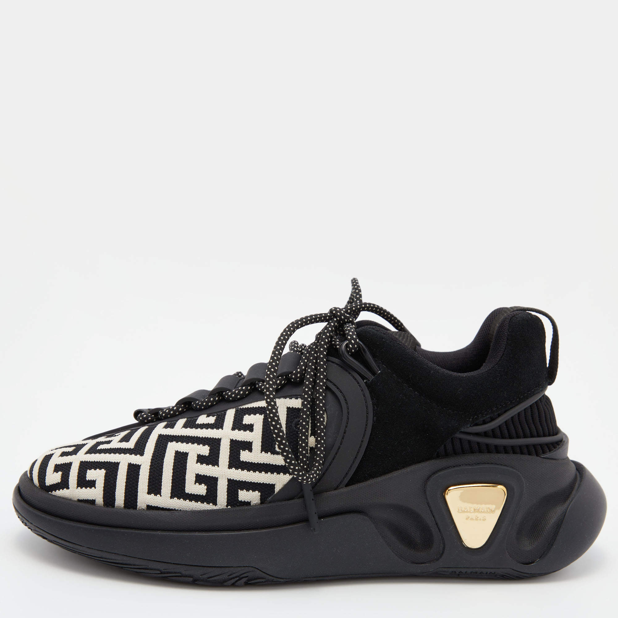 Balmain Black/White Monogram Fabric and Suede Lace Up Sneakers Size 38