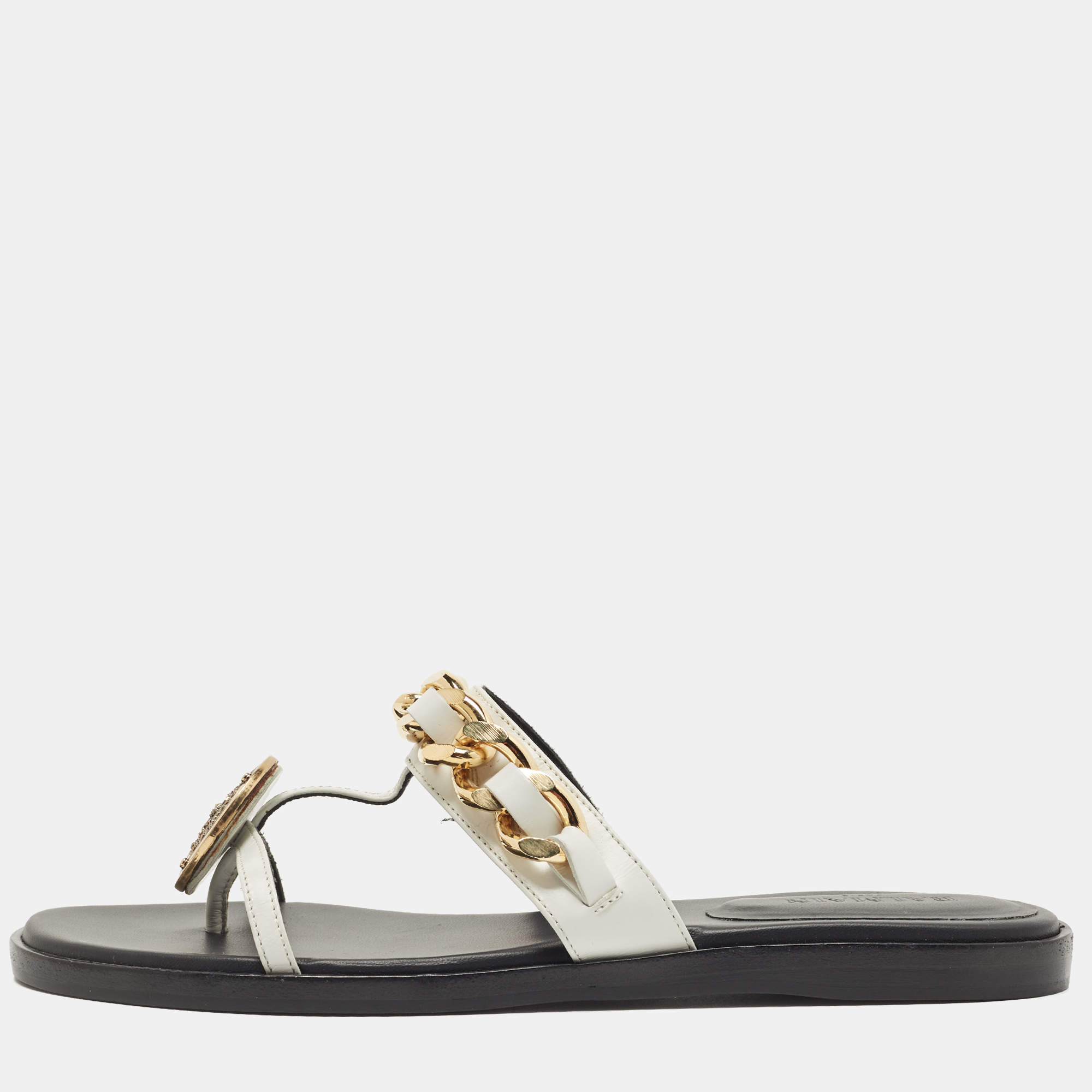 Balmain White Leather Chain-Link Accents Thong Flat Slides Size 37