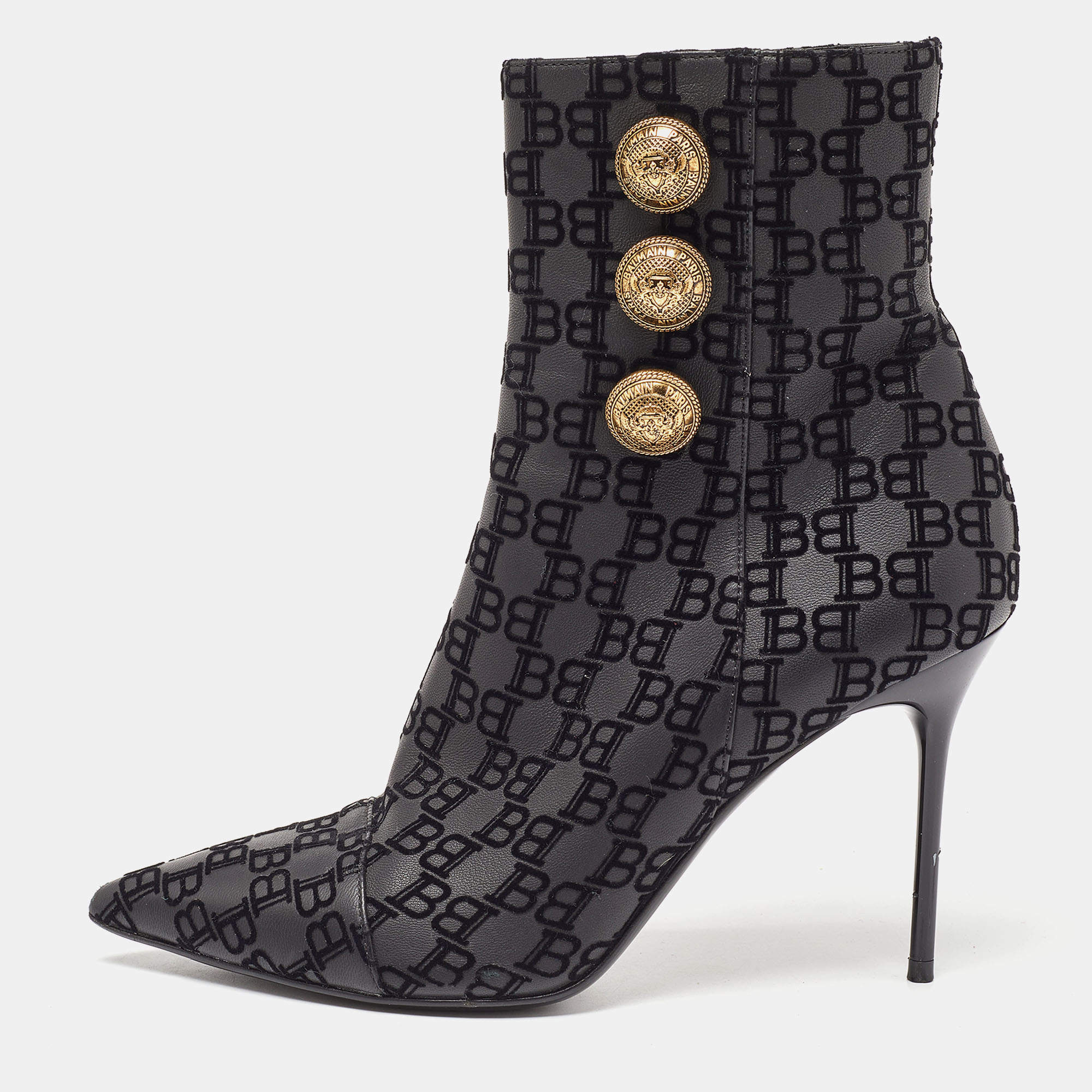 Balmain Black Logo Embossed Leather Roni Ankle Booties Size 36
