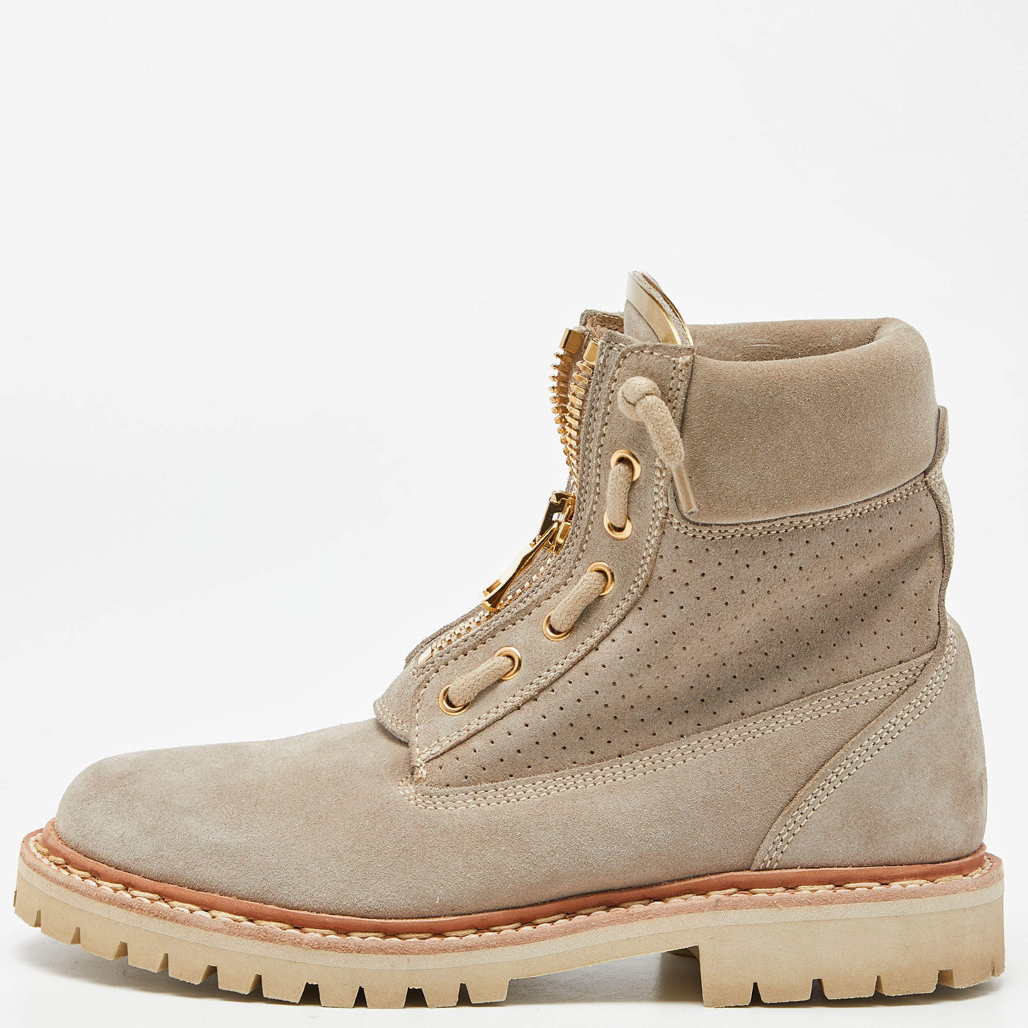 Balmain Grey Nubuck Leather Lace Up Combat Boots Size 36