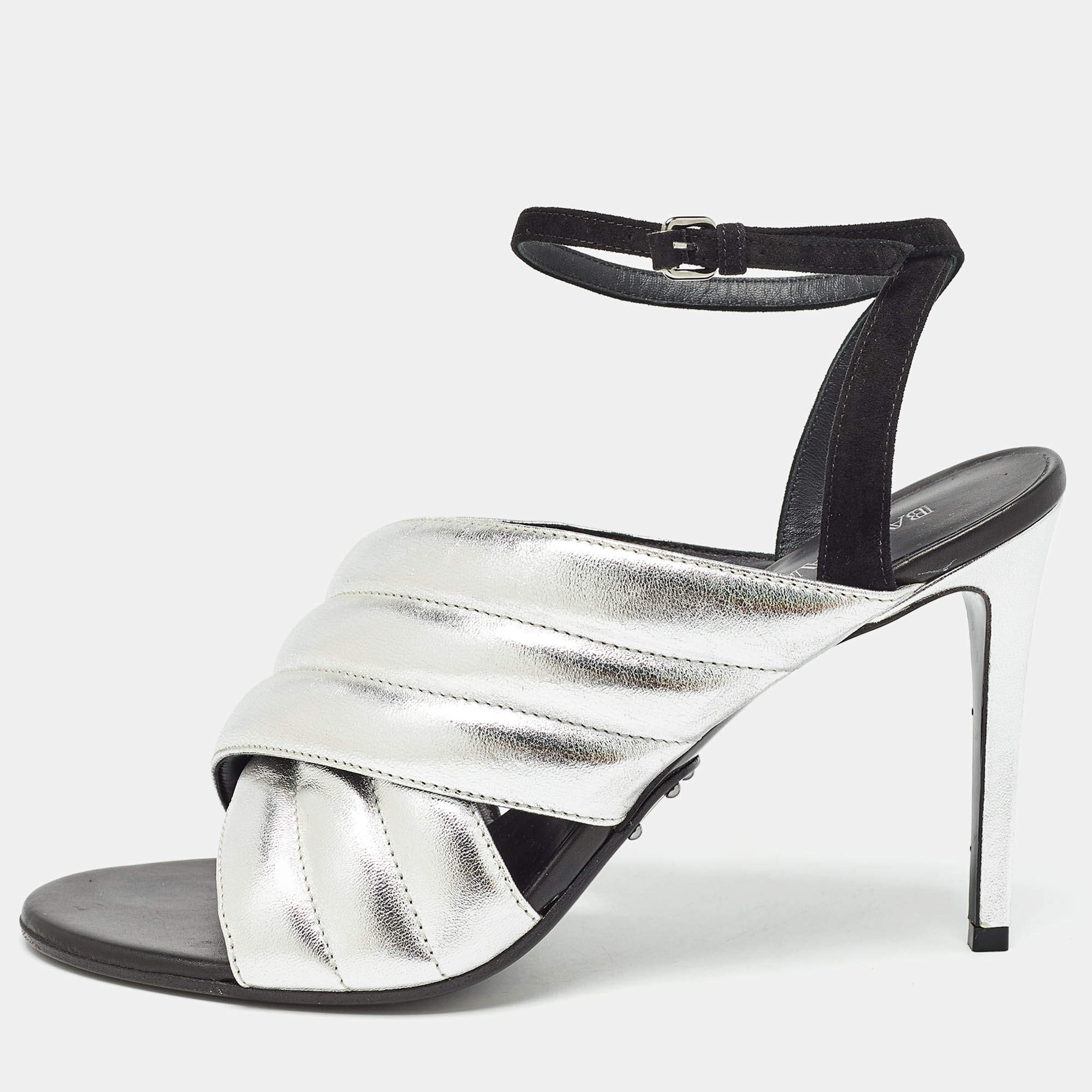 Balmain Silver/Black Quilted Leather and Suede Ankle Strap Sandals Size 40