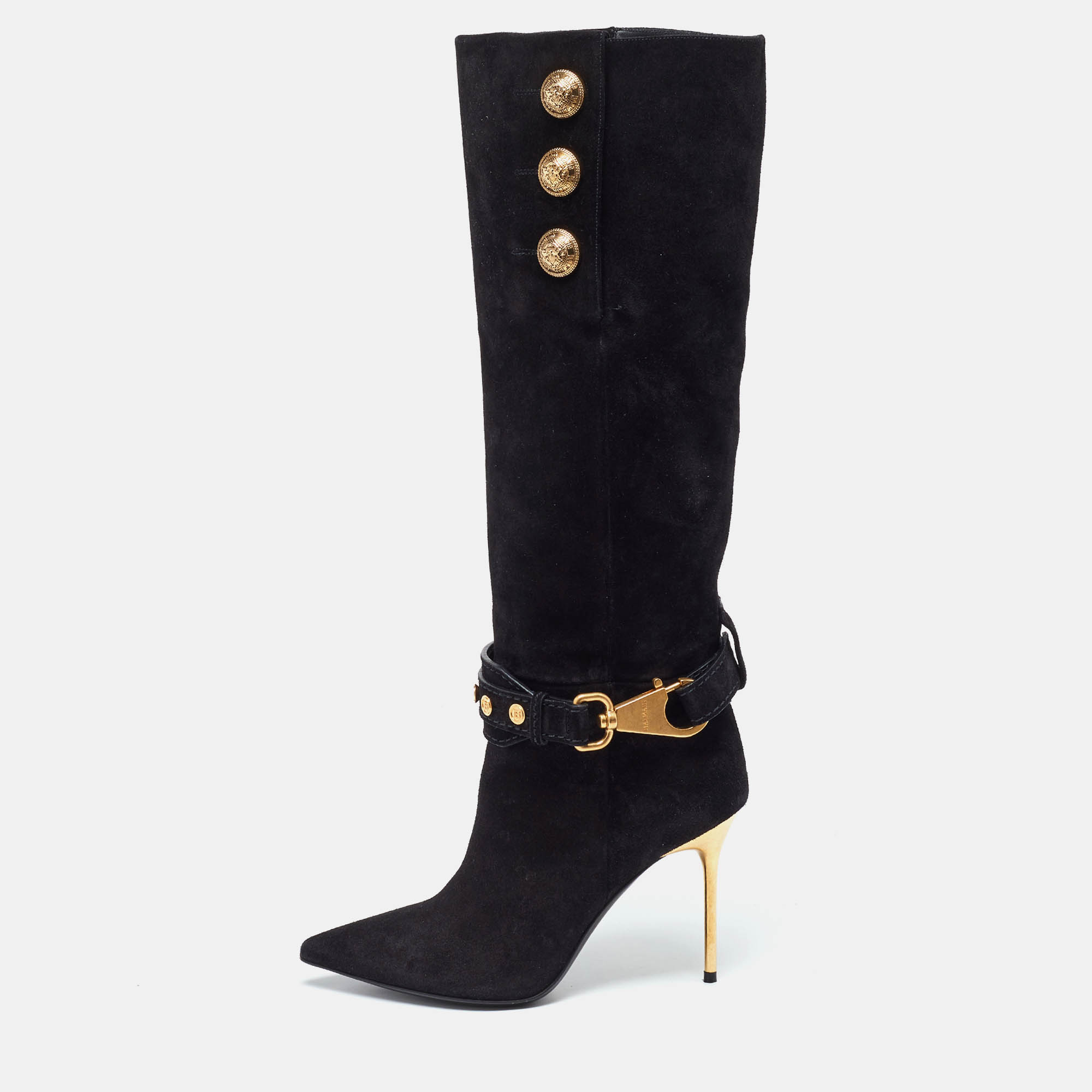 Pre Owned Balmain Black Suede Robin Embellished Knee Length Boots Size 36