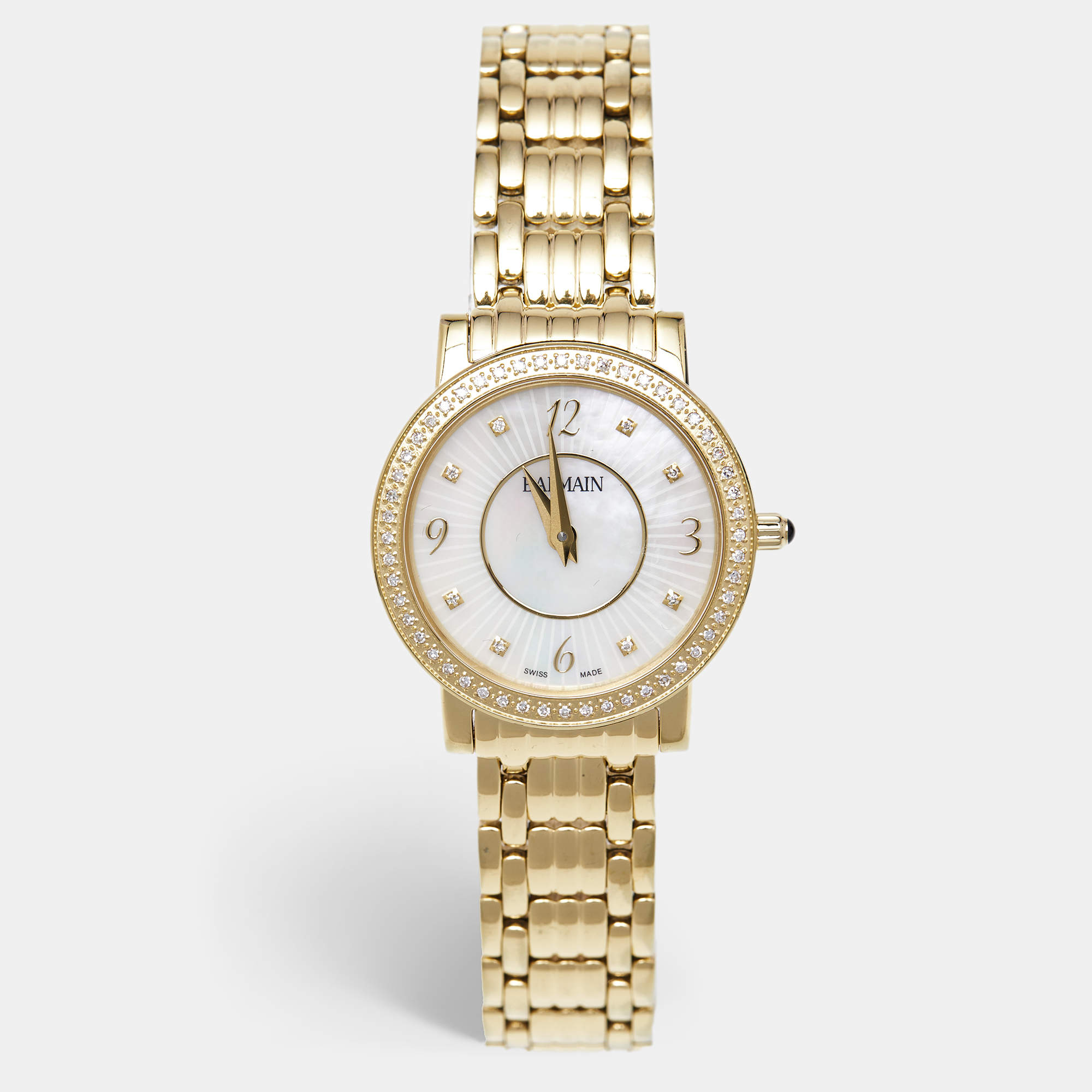 Pre Owned Balmain Mother of Pearl Yellow Gold Plated Stainless Steel Diamond Elegance Chic Mini B1693.33.84 Women's Wristwatch 29 mm