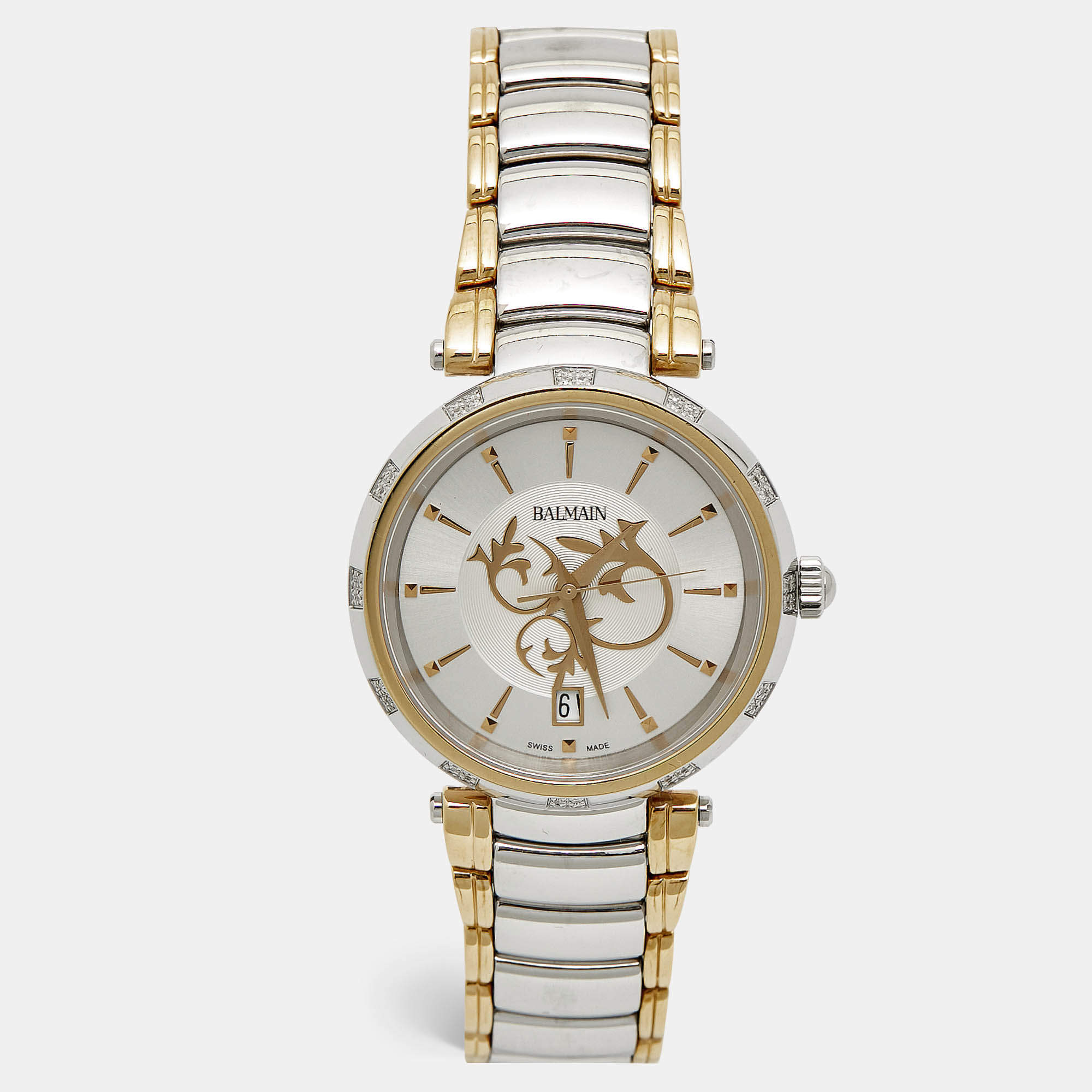 Pre Owned Balmain Silver Dial Two Tone Stainless Steel Diamond Classica Lady Downtown 4076 Women's Wristwatch 35 mm