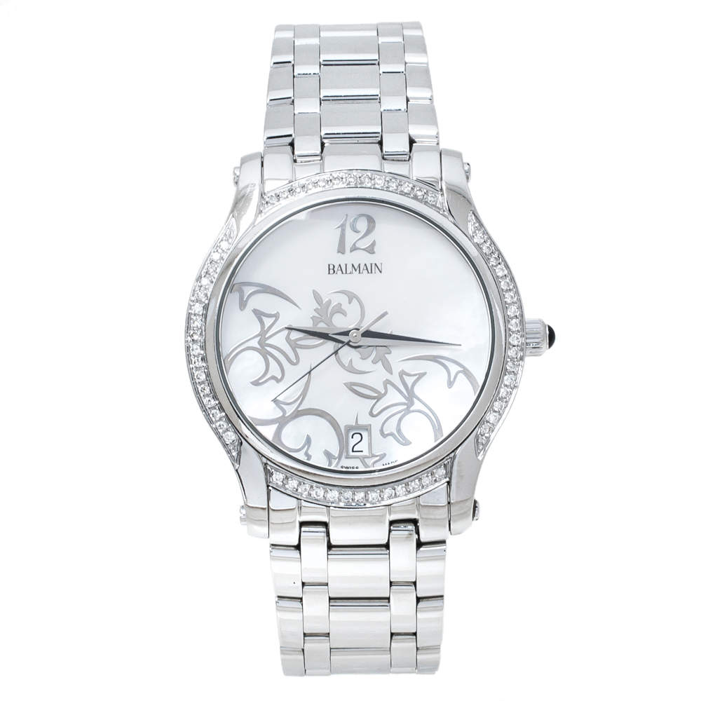 Pre Owned Balmain Mother Of Pearl Stainless Steel Diamond Fairy Arabesques 3751 Women's Wristwatch 34 mm