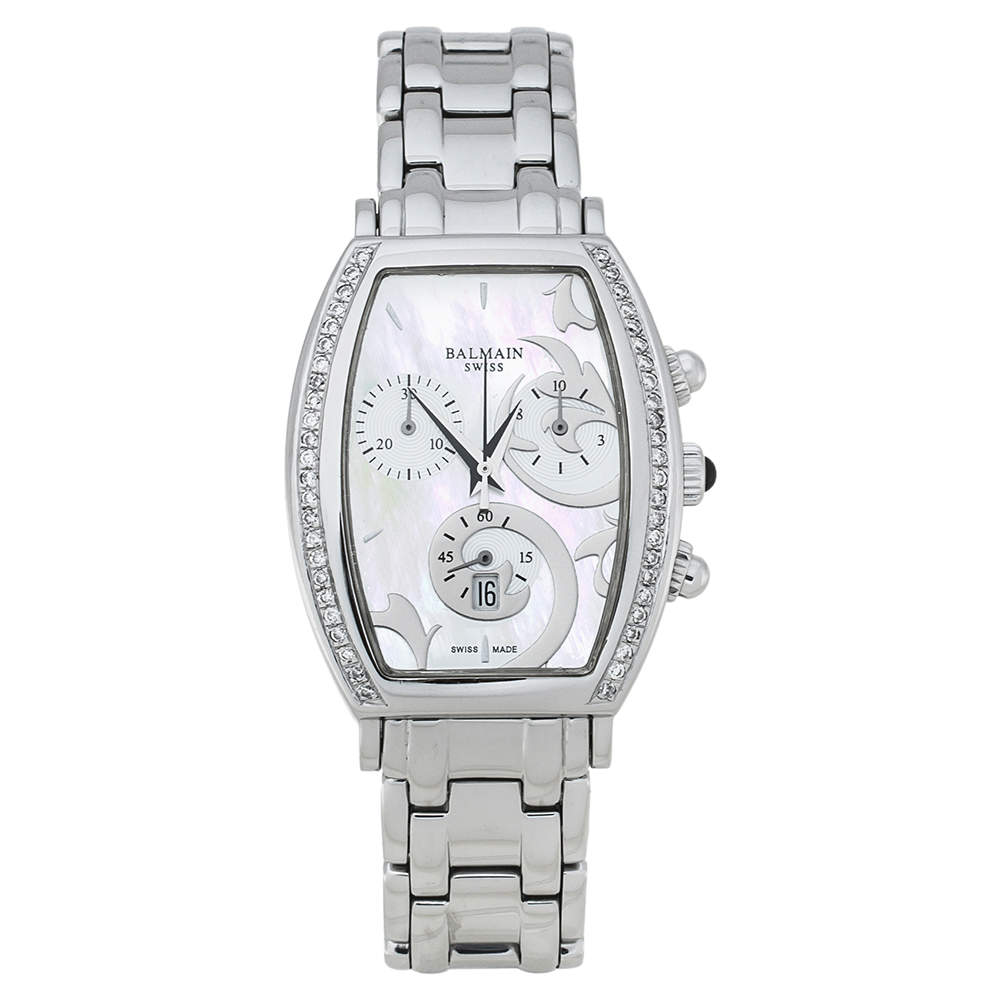 Pre Owned Balmain White Mother of Pearl Stainless Steel Arcade Chronograph Women's Wristwatch 30 mm