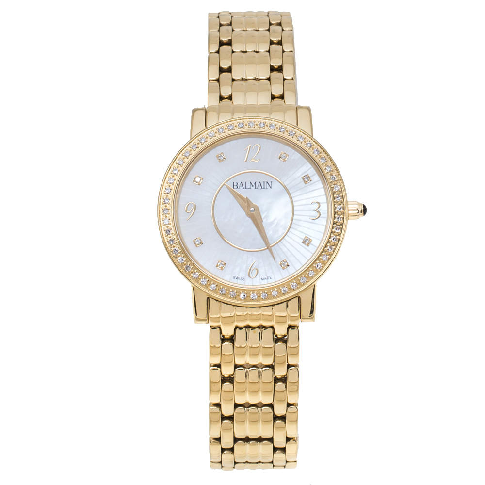 Pre Owned Balmain MOP Yellow Gold Plated Stainless Steel Diamond Elegance Chic Mini B1693.33.84 Women's Wristwatch 29 mm